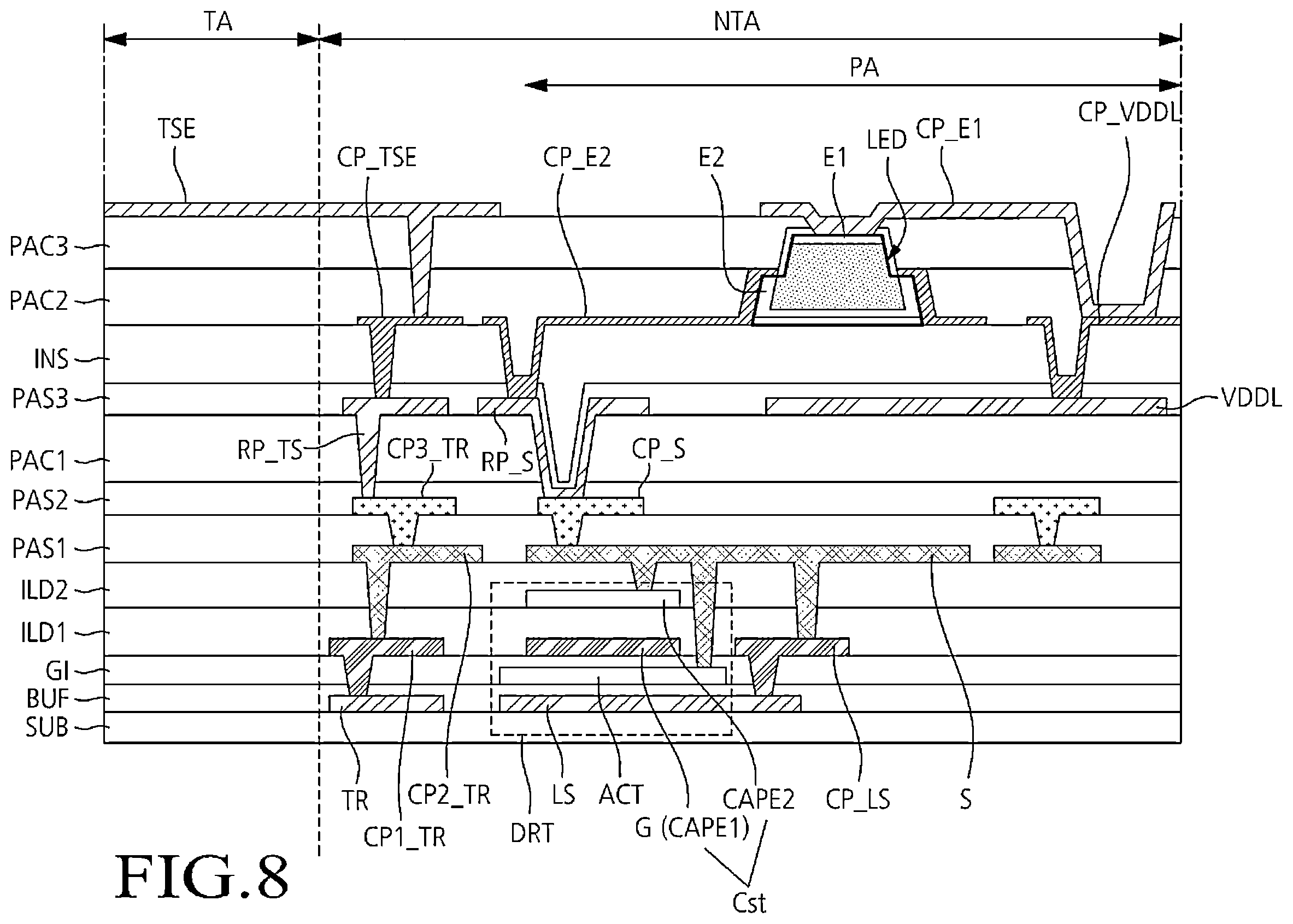 Patent US12613592 Figure 8 – Light emitting diode display device with built-in touch sensor