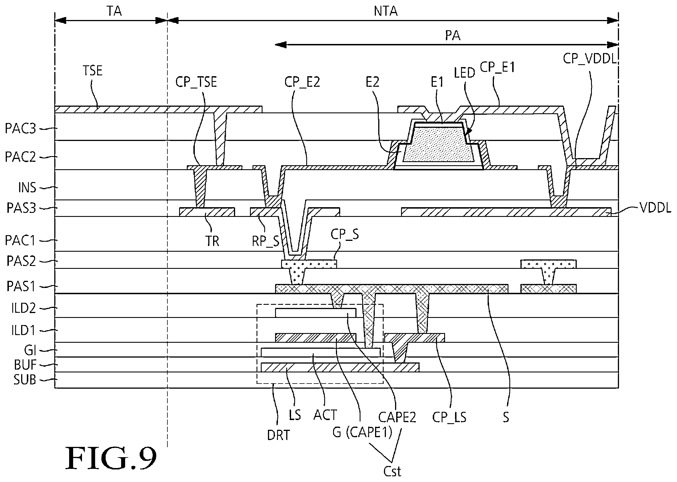 Patent US12613592 Figure 9 – Light emitting diode display device with built-in touch sensor