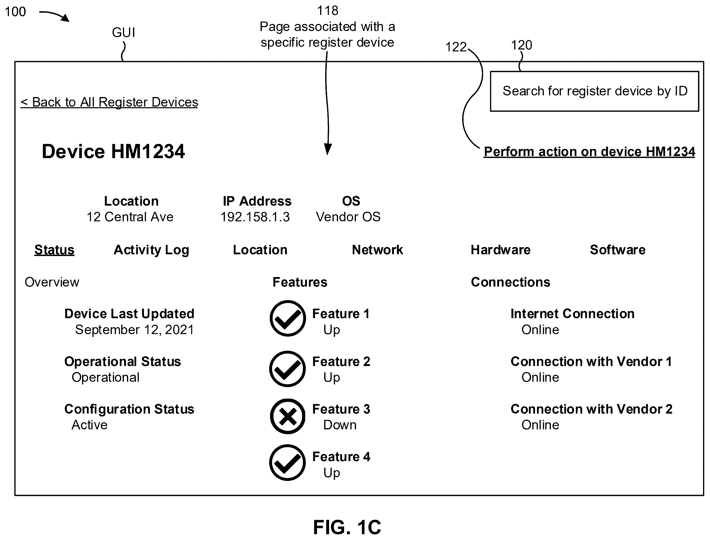Patent US12613610 Figure 3 – Graphical user interface for centralized register device management and monitoring