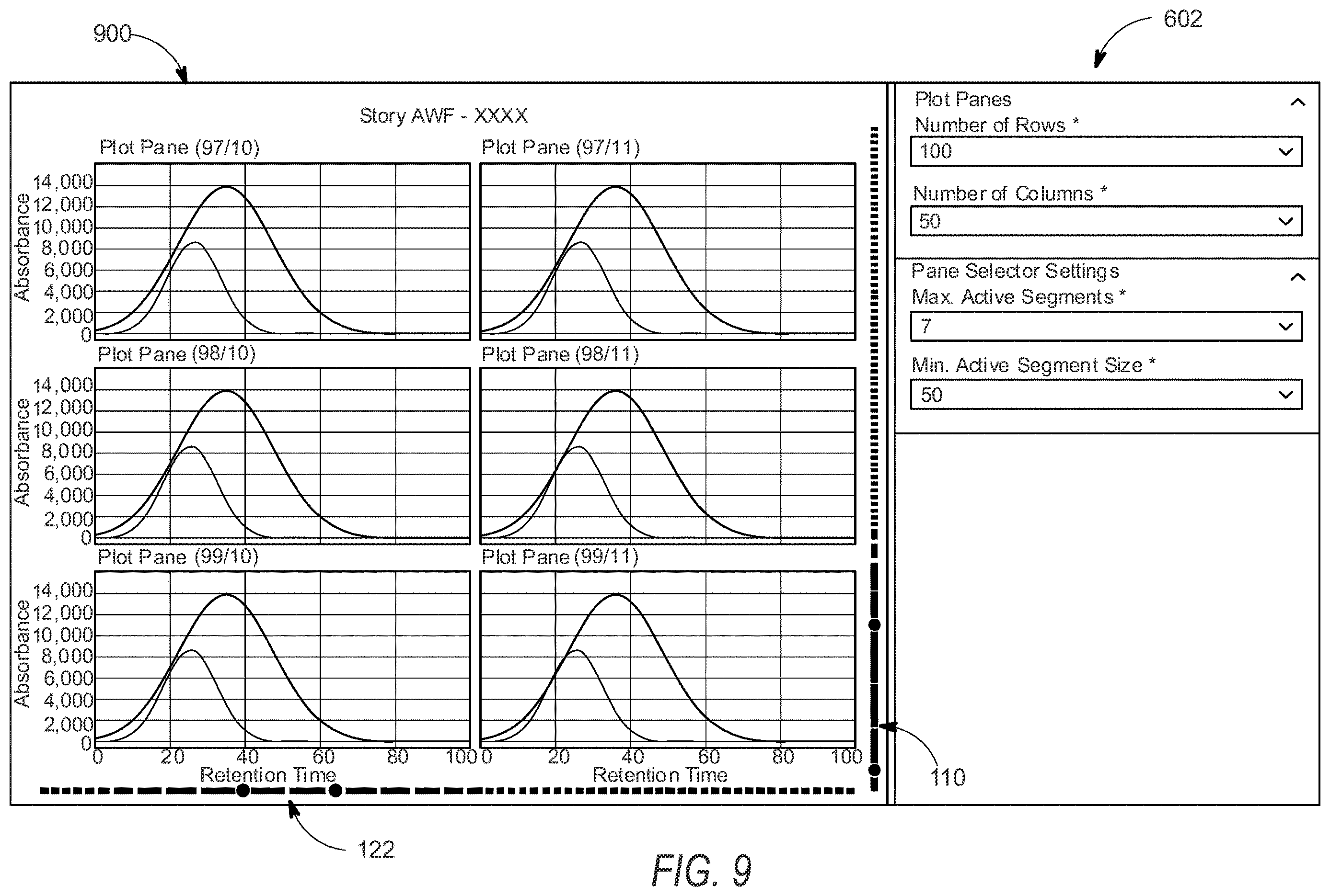 Patent US12613611 Figure 12 – Linear and non-linear range-based plot pane selection