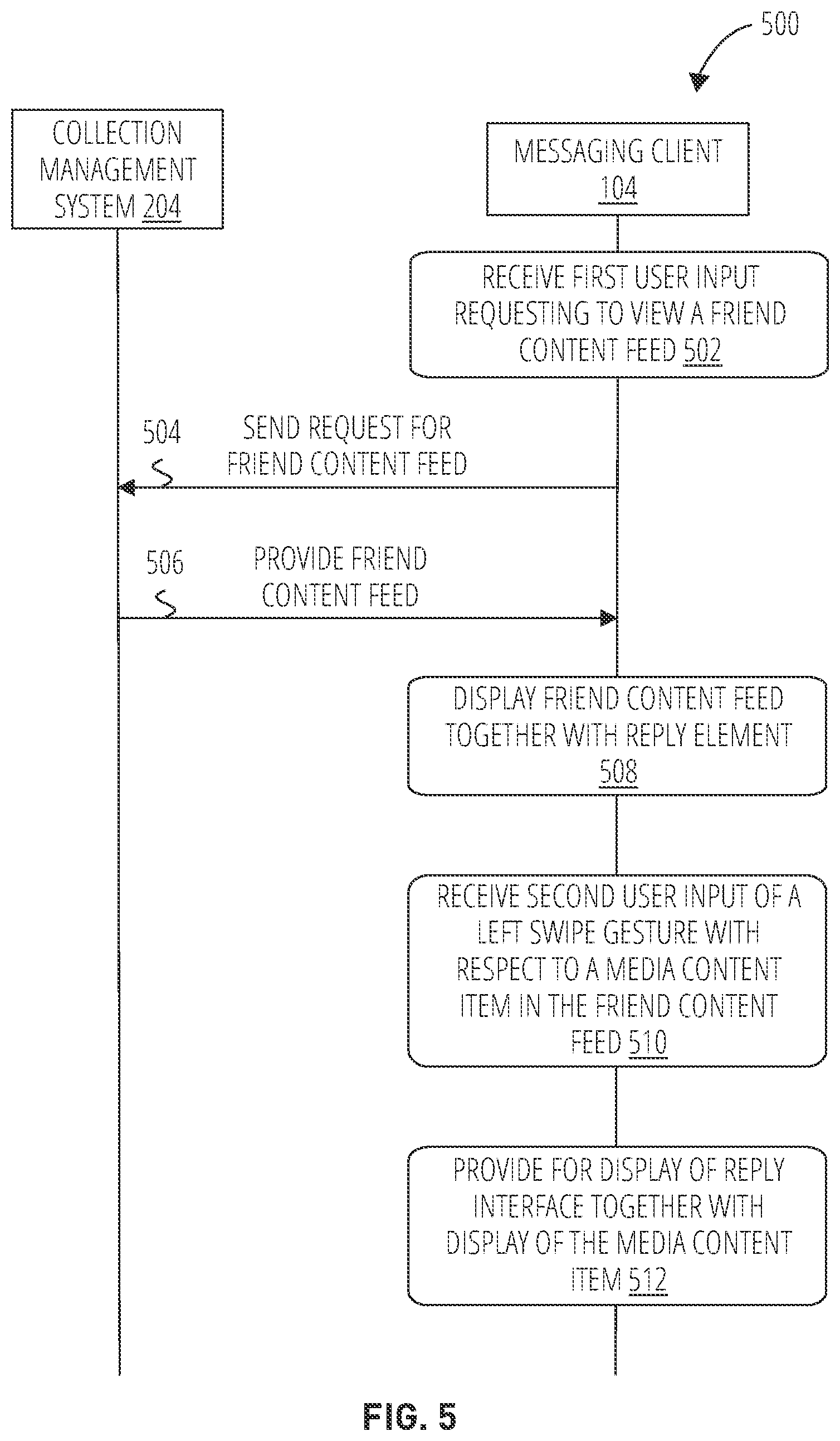 Patent US12613628 Figure 5 – Providing a reply interface for a media content item within a messaging system
