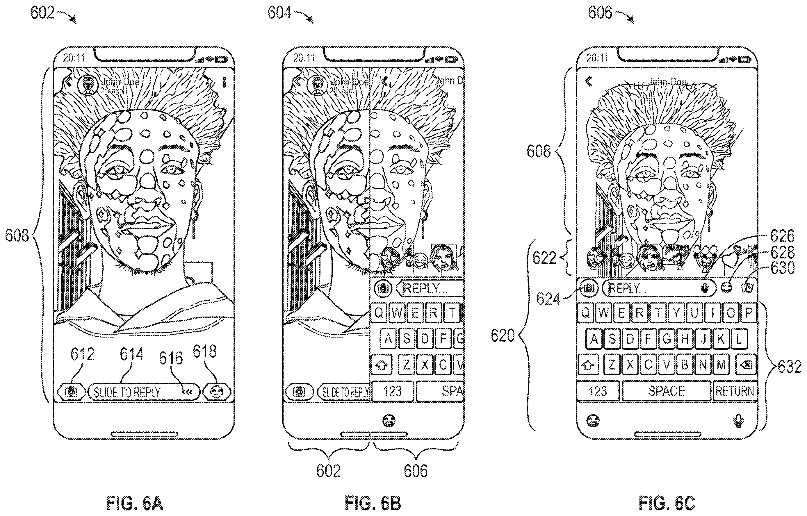 Patent US12613628 Figure 6 – Providing a reply interface for a media content item within a messaging system