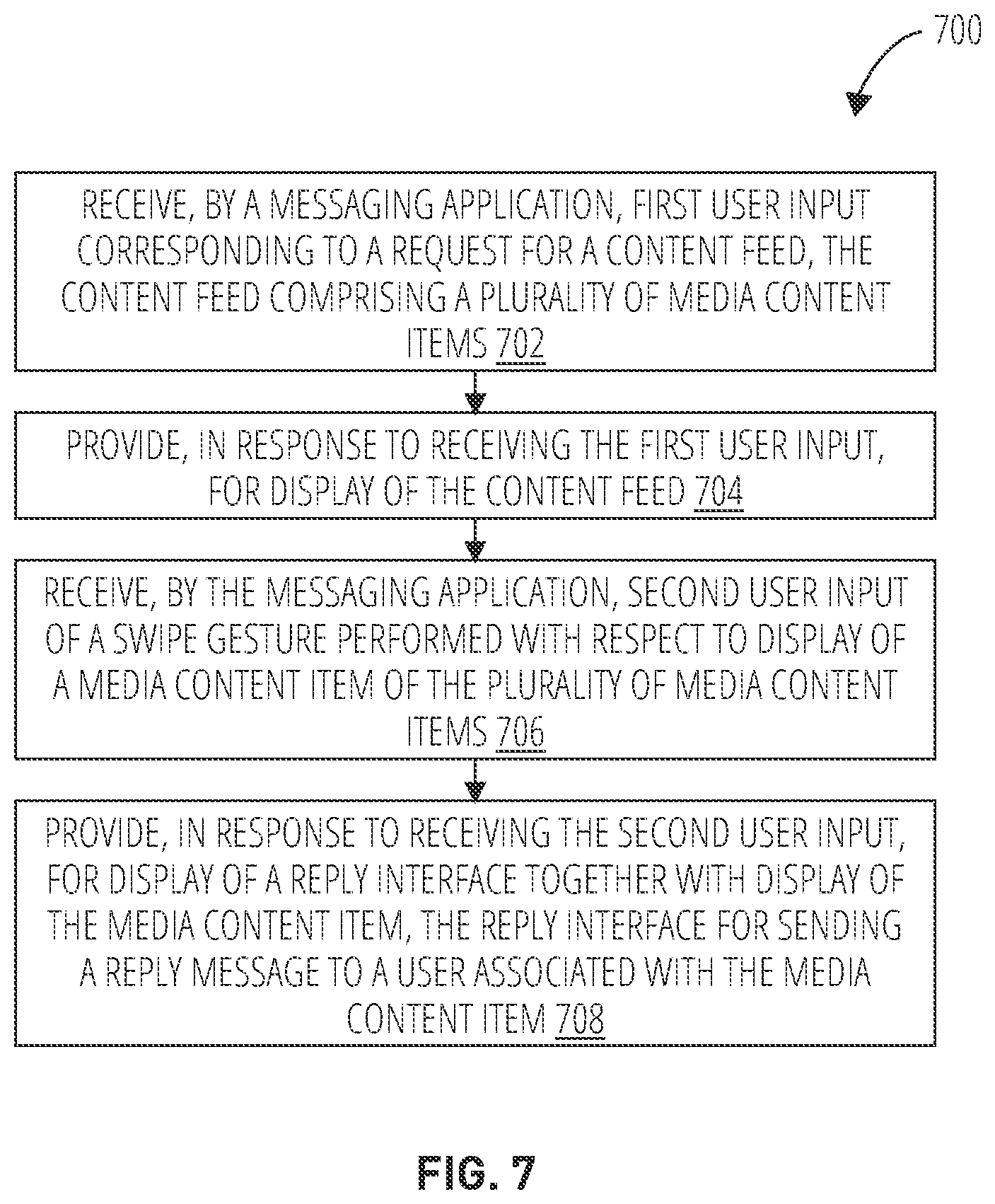 Patent US12613628 Figure 7 – Providing a reply interface for a media content item within a messaging system