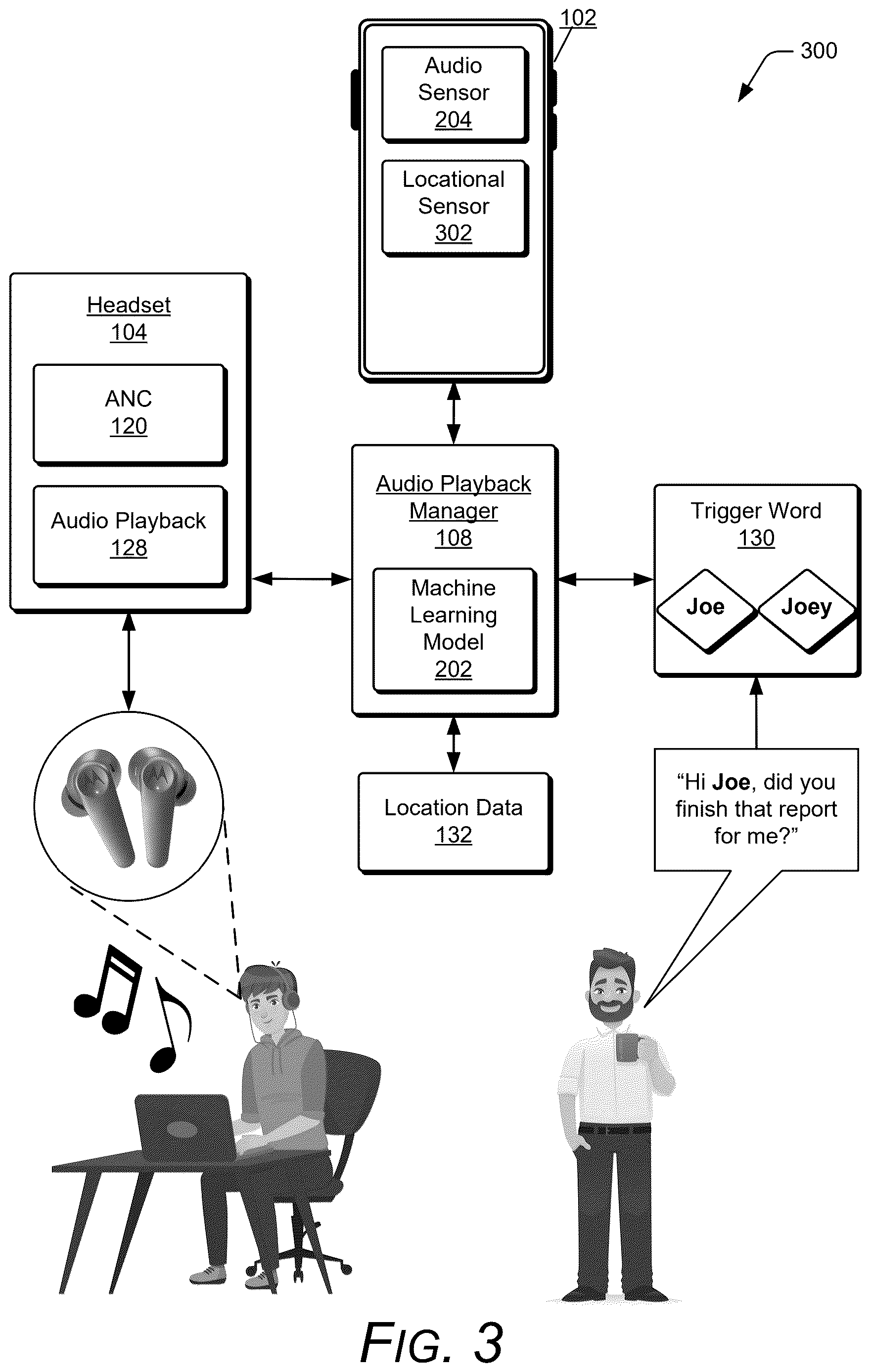 Patent US12613674 Figure 3 – Ending audio playback based on a trigger word