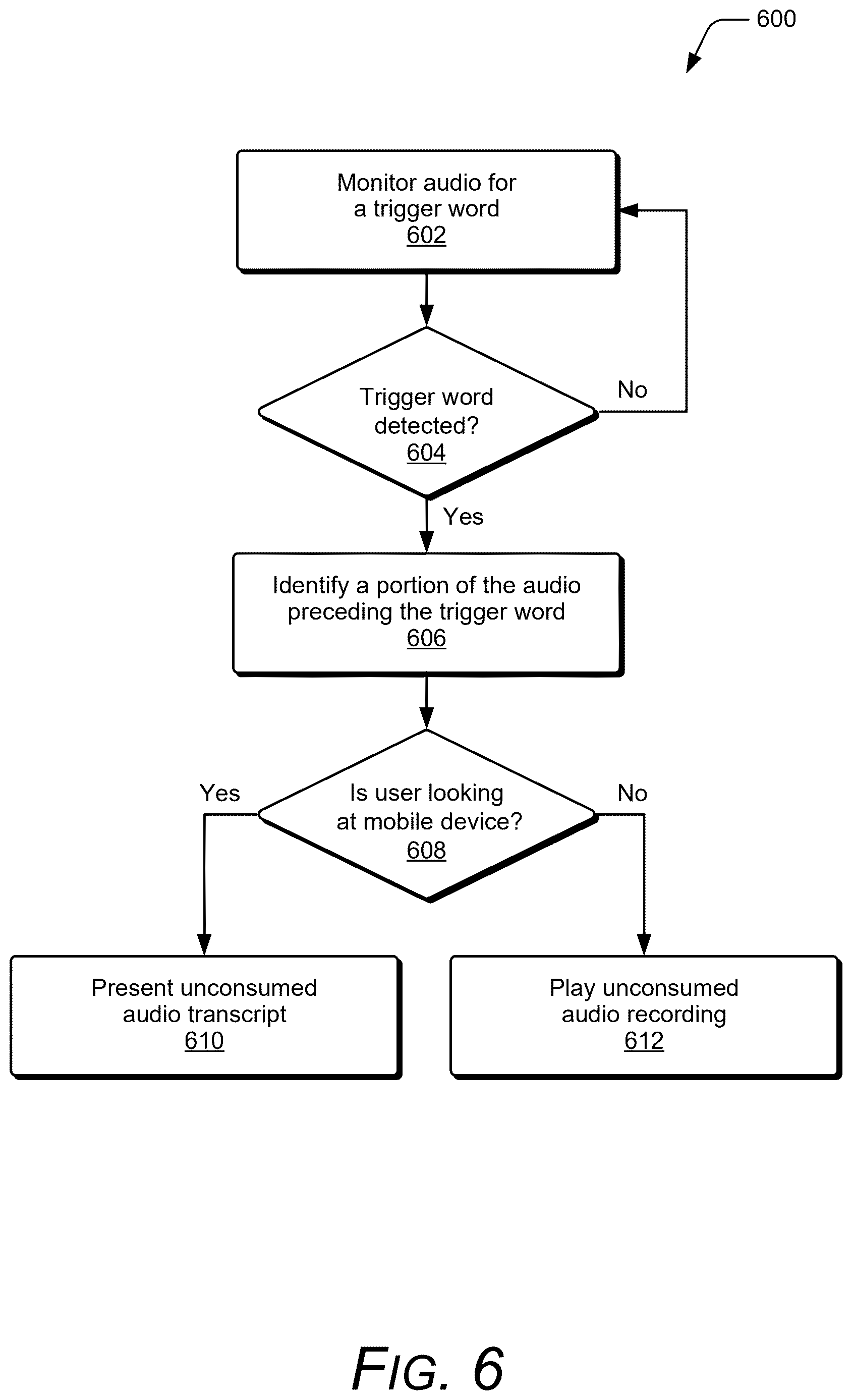 Patent US12613674 Figure 6 – Ending audio playback based on a trigger word