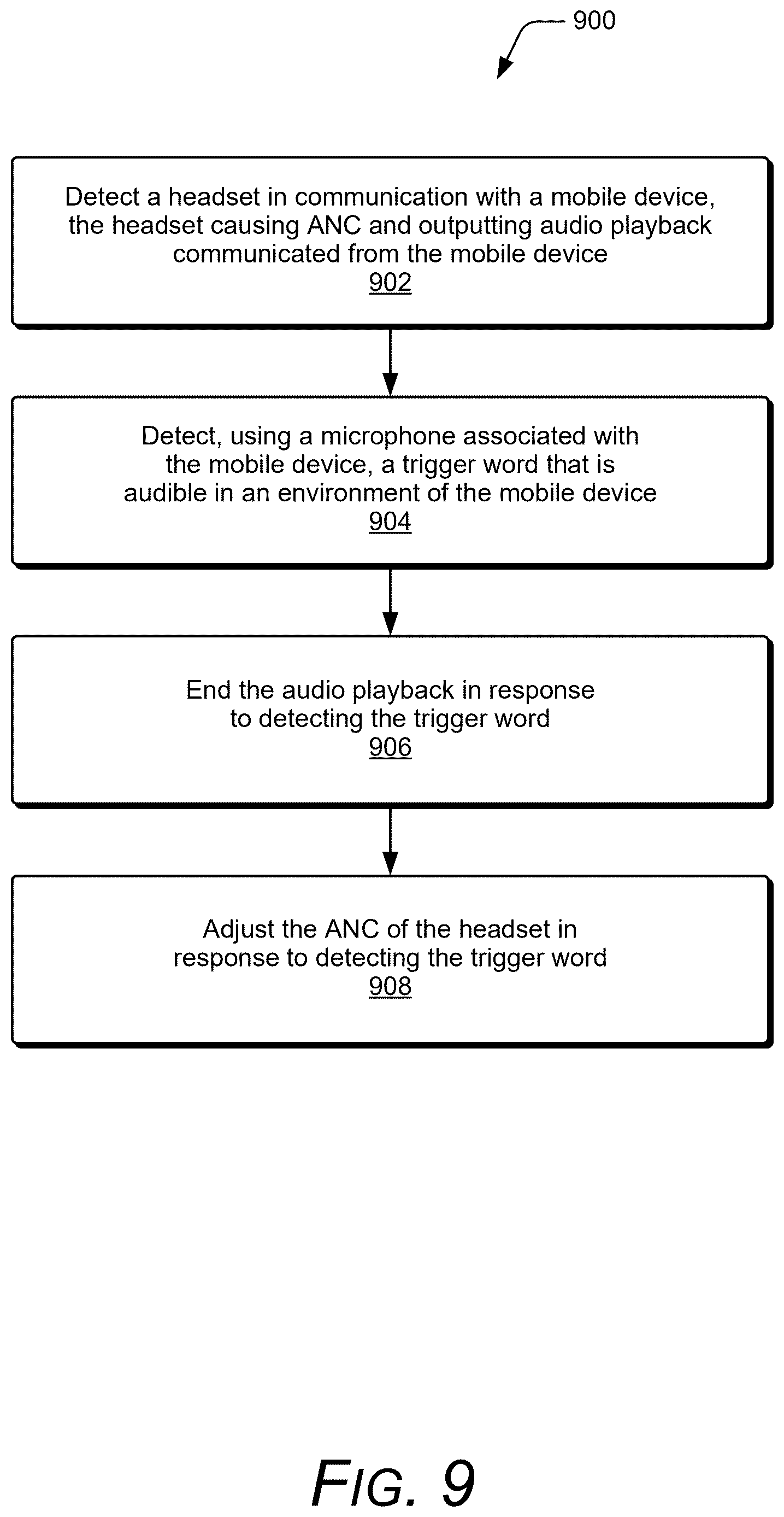 Patent US12613674 Figure 9 – Ending audio playback based on a trigger word