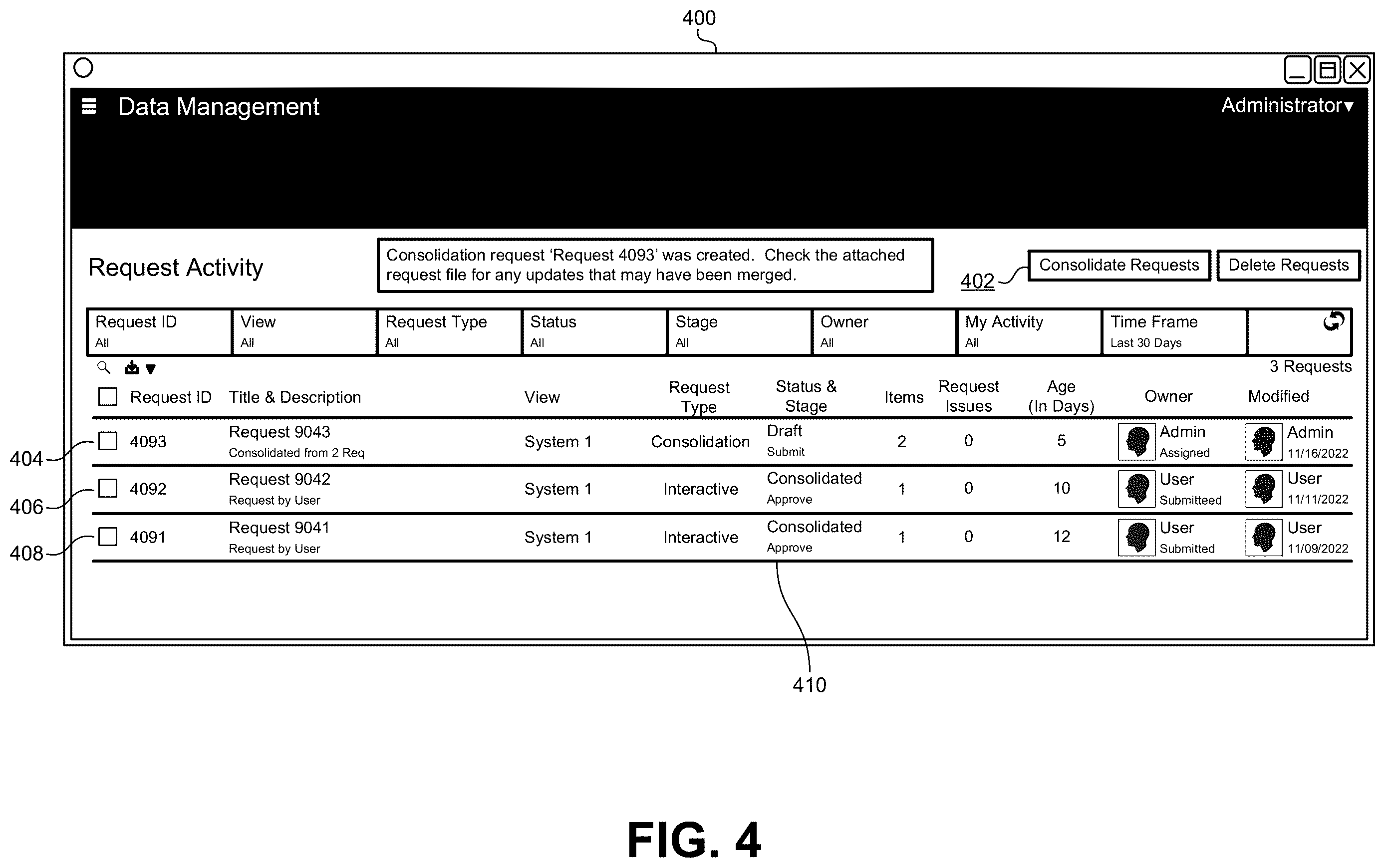Patent US12613858 Figure 4 – Consolidating change requests in data hierarchies
