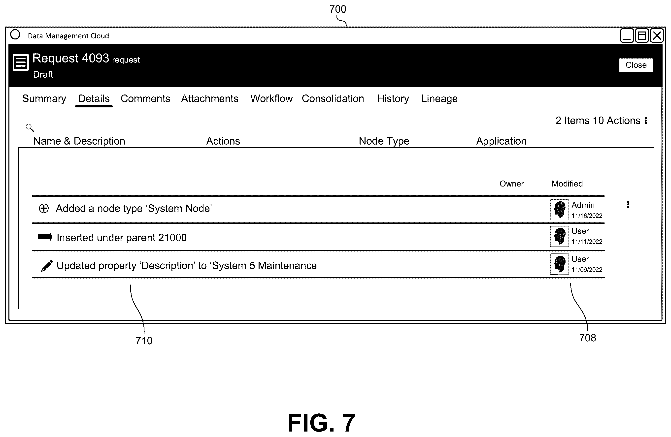 Patent US12613858 Figure 7 – Consolidating change requests in data hierarchies