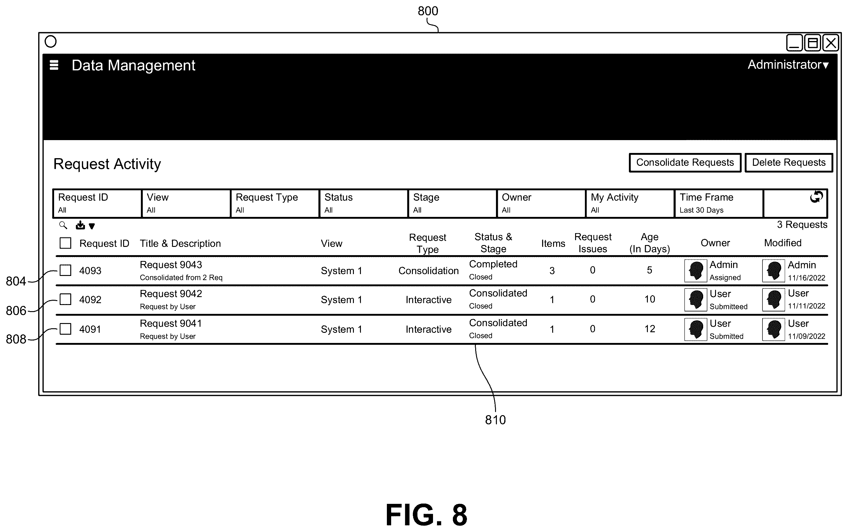 Patent US12613858 Figure 8 – Consolidating change requests in data hierarchies