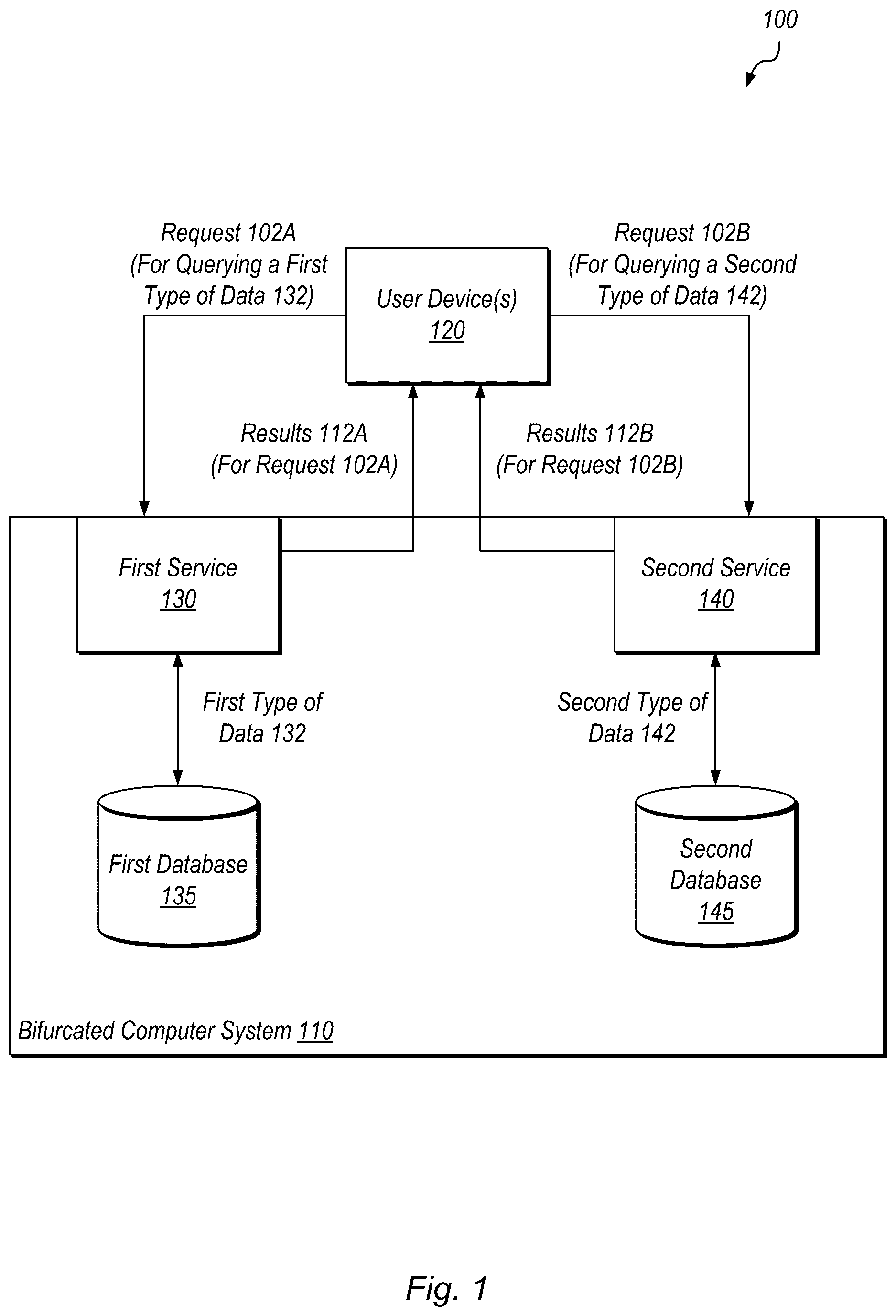 Patent US12613868 — Bifurcated system for querying multiple data types — Figure 1