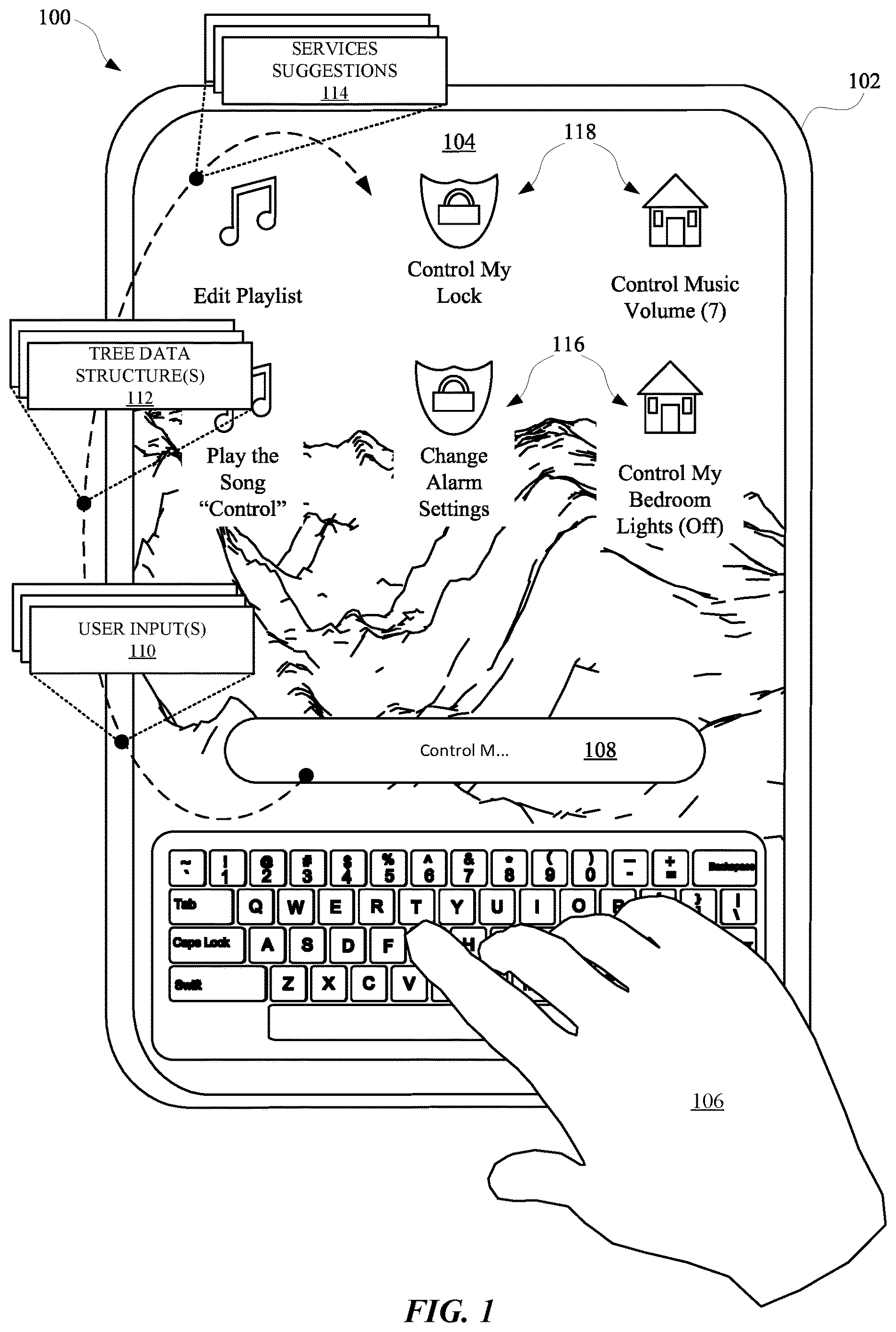 Patent US12613918 Figure 1 – Disparate sourcing of tree data structures for searching and suggesting application services