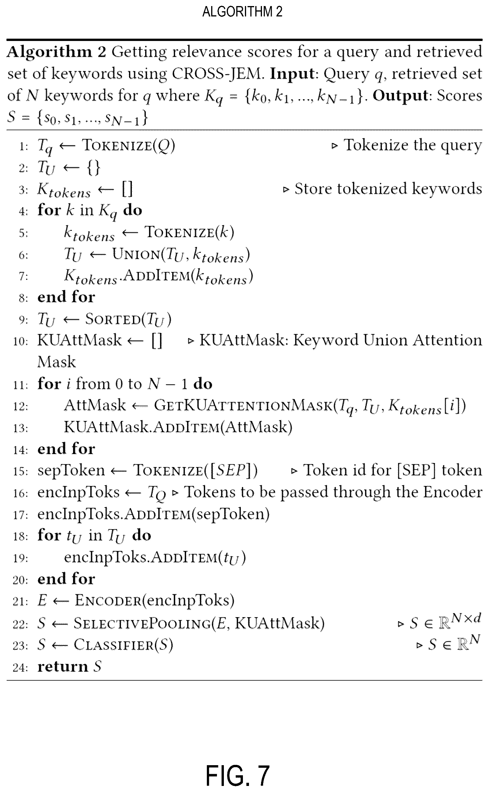 Patent US12613932 Figure 7 – Search ranker with cross attention encoder to jointly compute relevance scores of keywords to a query