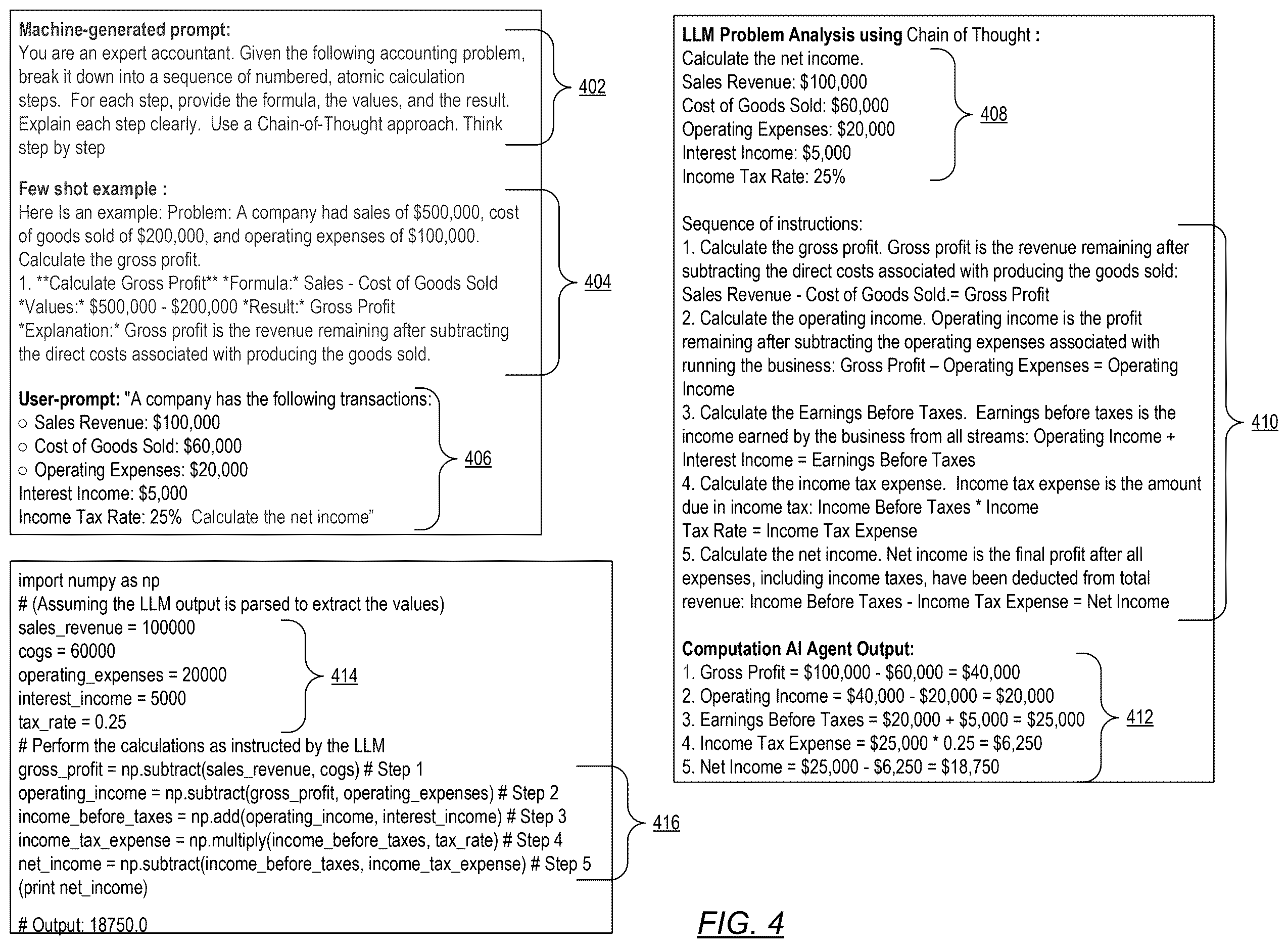 Patent US12614044 Figure 4 – Large language model numerical problem solution architecture