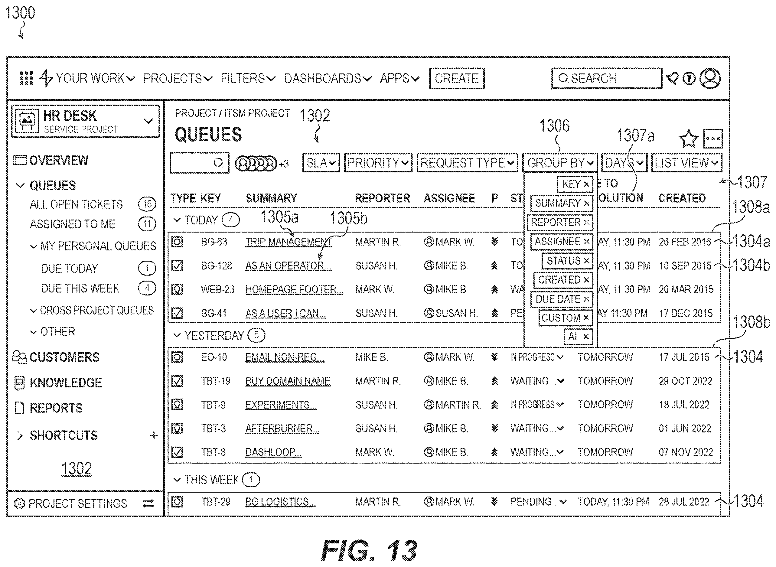 Patent US12614190 Figure 19 – Graphical user interface including issue queue management for an issue tracking system