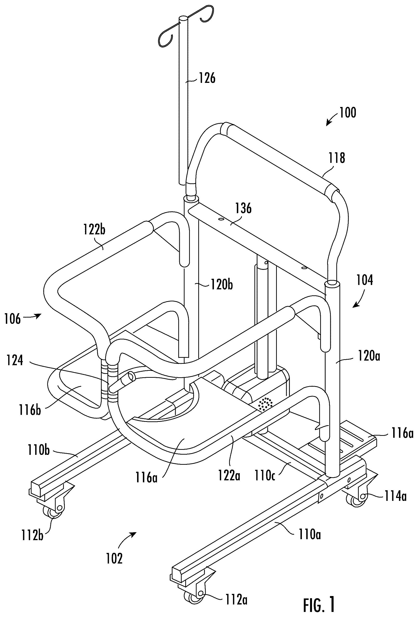 Patent US12614199 Figure 1 – Motorized lifting and transfer chair
