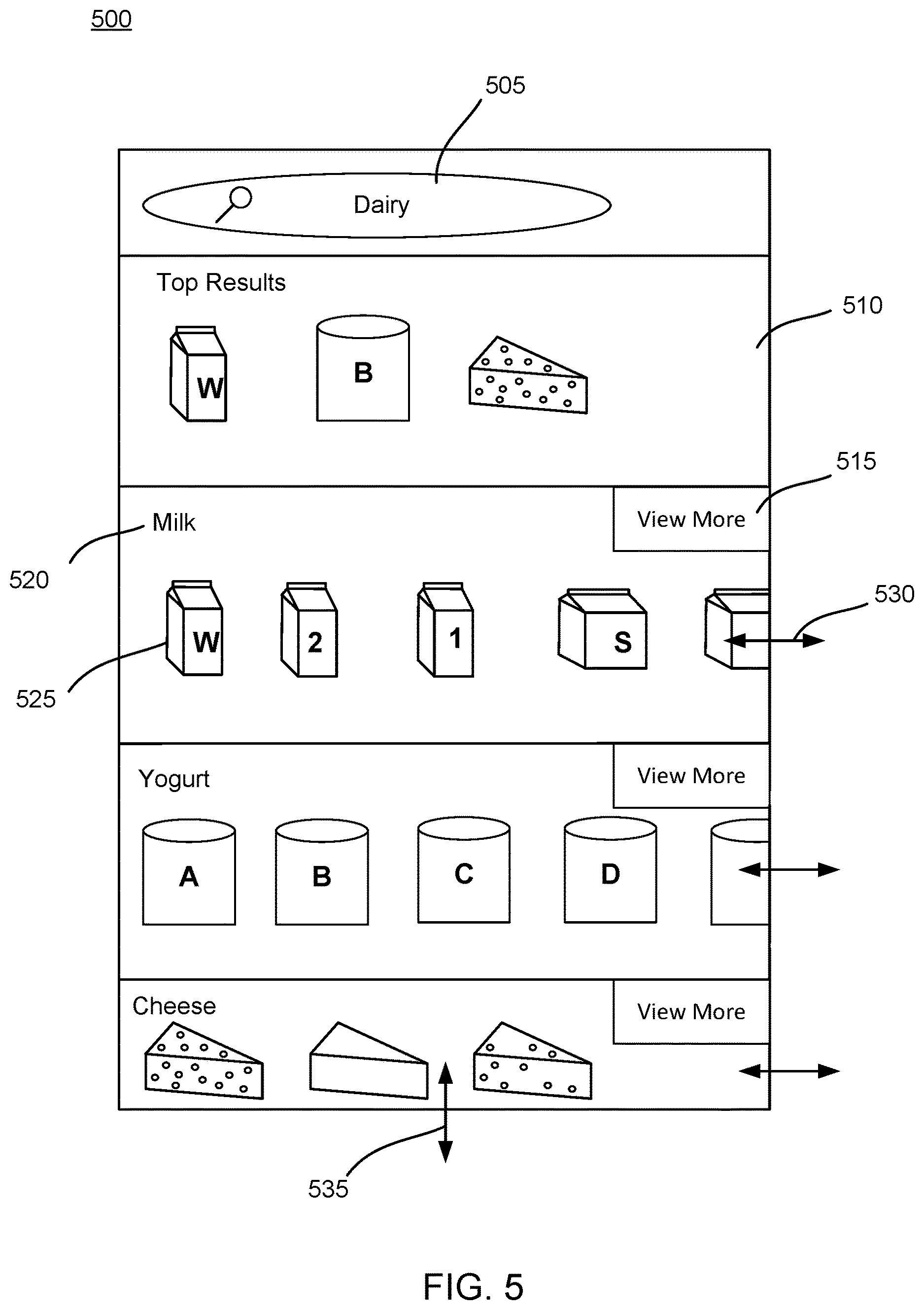 Patent US12614226 Figure 5 – Method, medium, and system for a user interface with search results logically organized by carousels