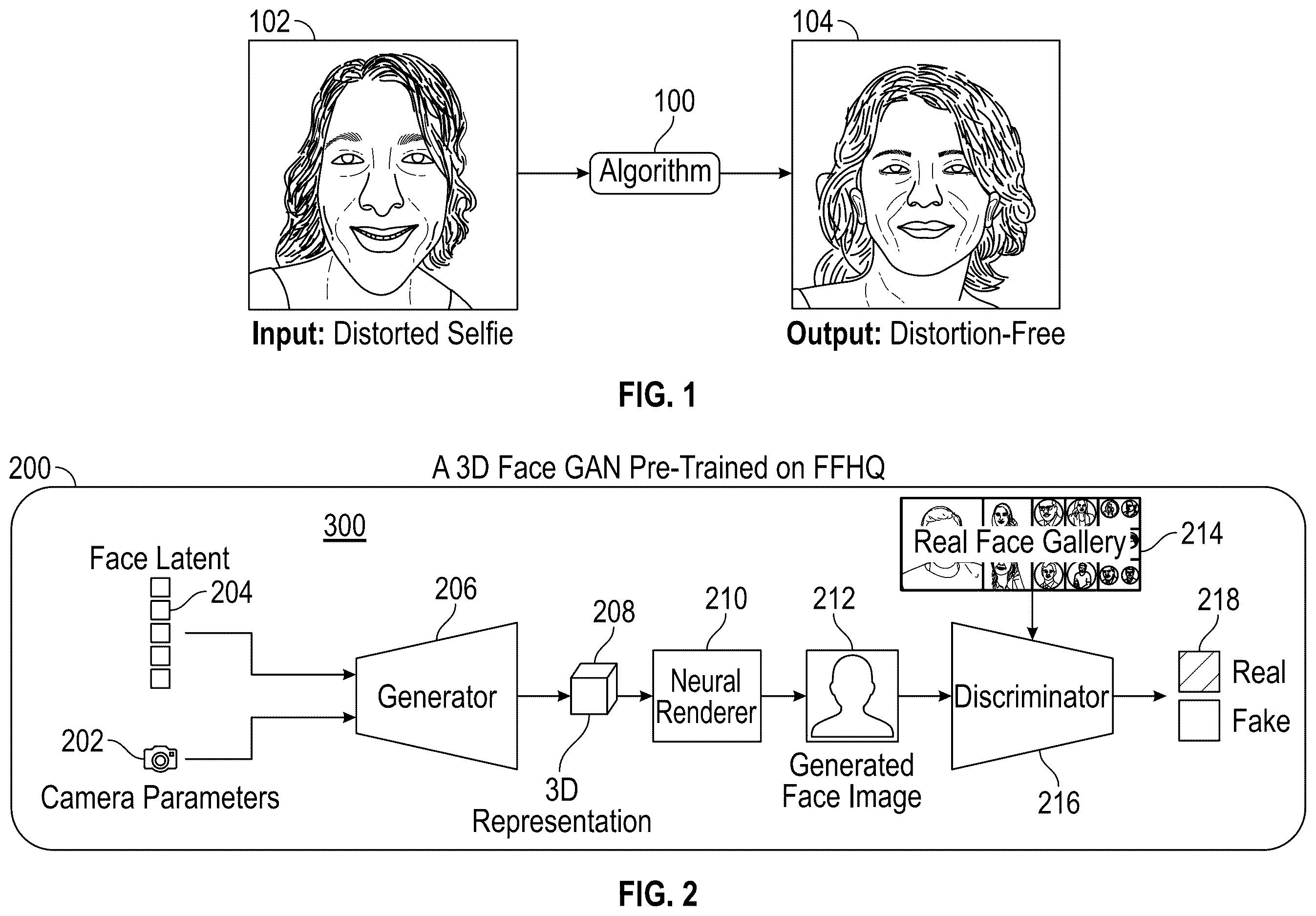 Patent US12614260 Figure 1 – Selfie perspective undistortion by 3D face GAN inversion