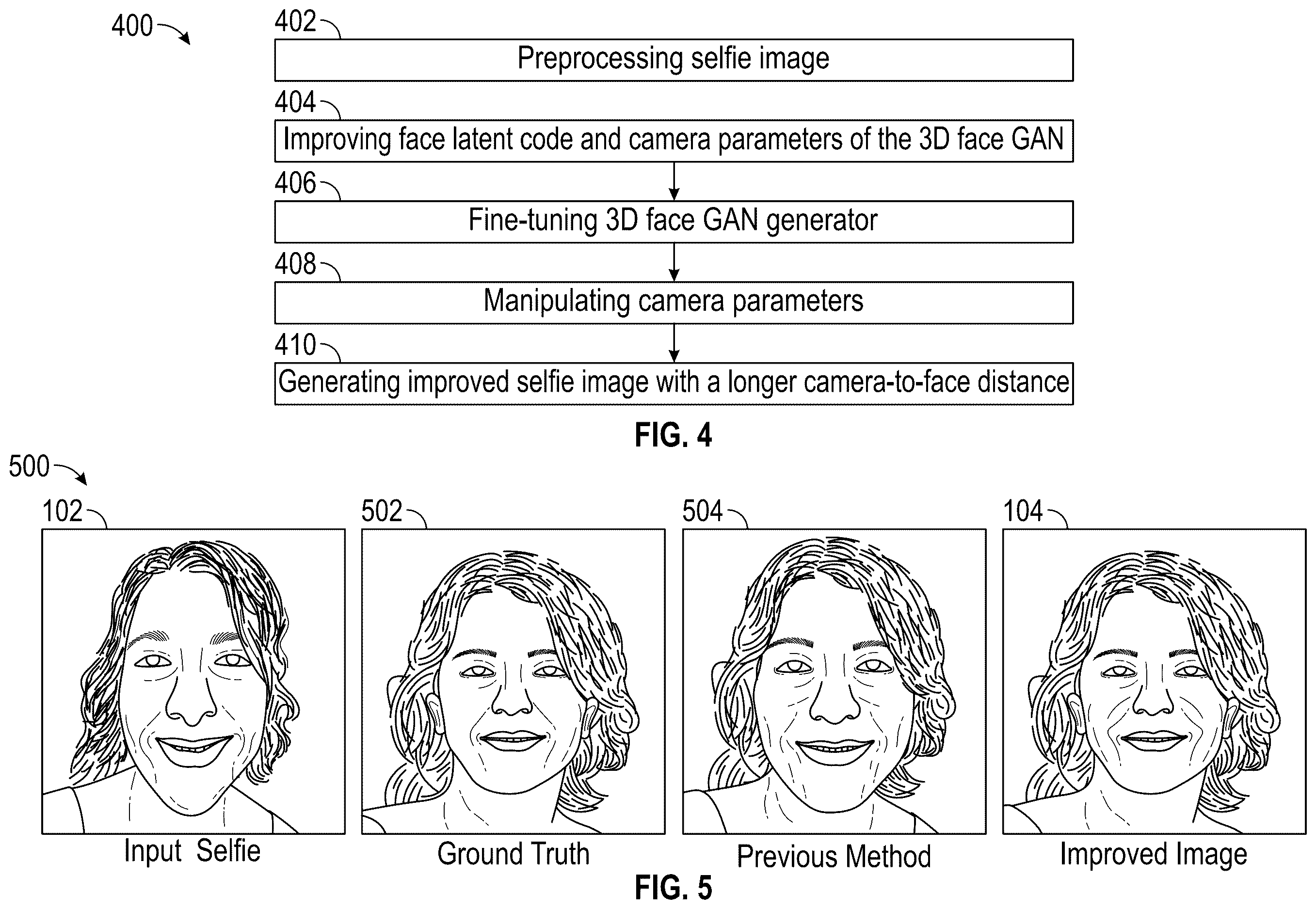 Patent US12614260 Figure 5 – Selfie perspective undistortion by 3D face GAN inversion