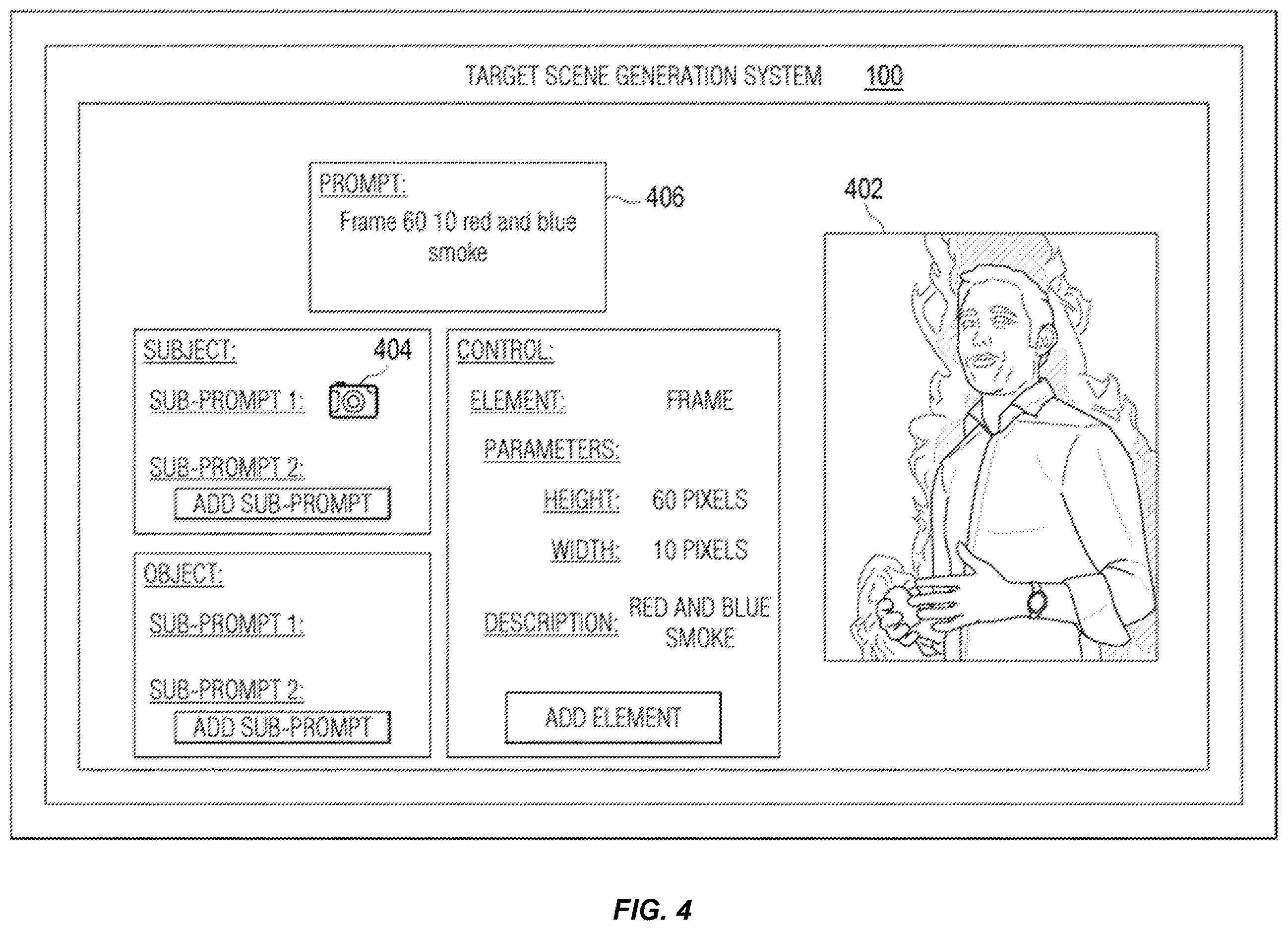 Patent US12614323 Figure 4 – Target scene composition using generative ai