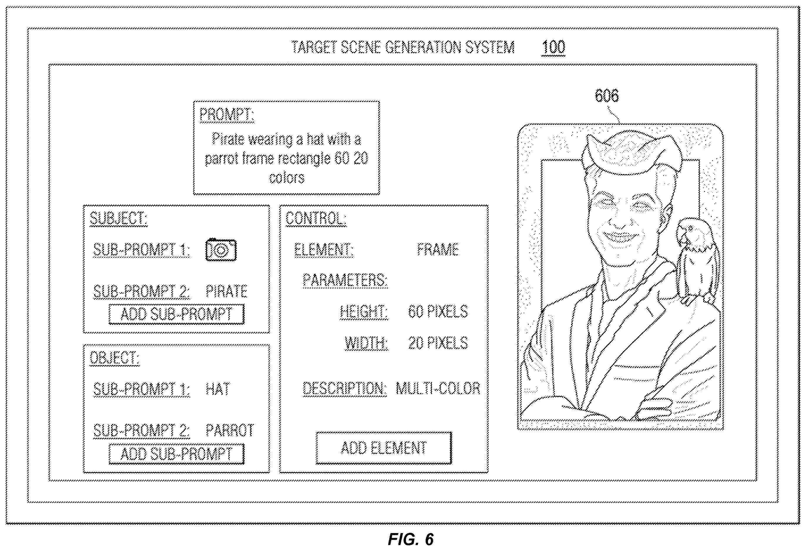 Patent US12614323 Figure 6 – Target scene composition using generative ai
