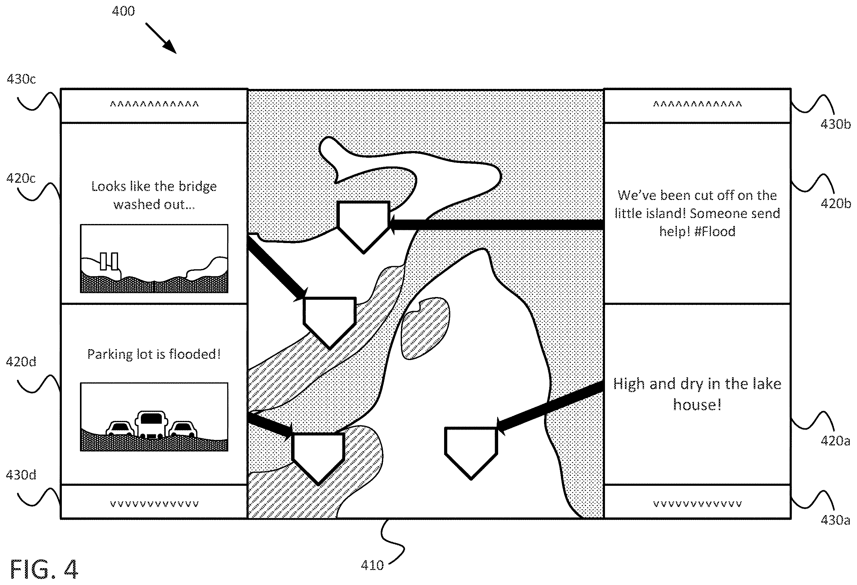Patent US12614385 Figure 4 – Remote sensing and social sensing for flood mapping