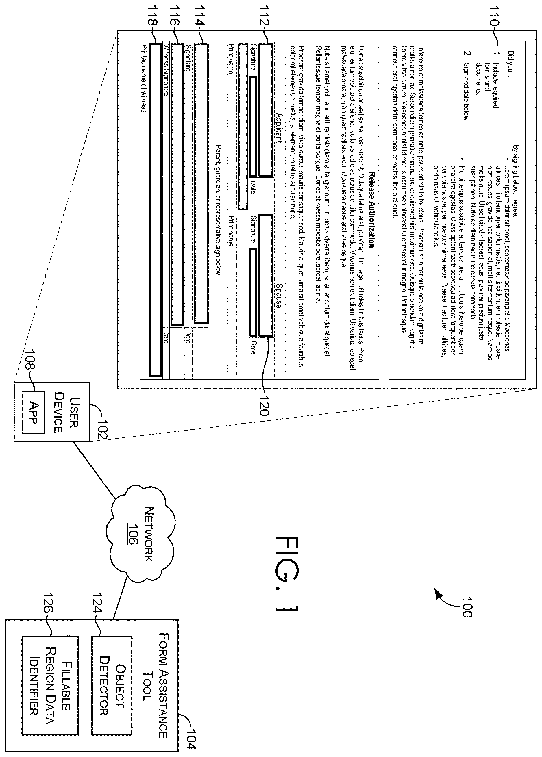 Patent US12614405 Figure 1 – Facilitating identification of fillable regions in a form