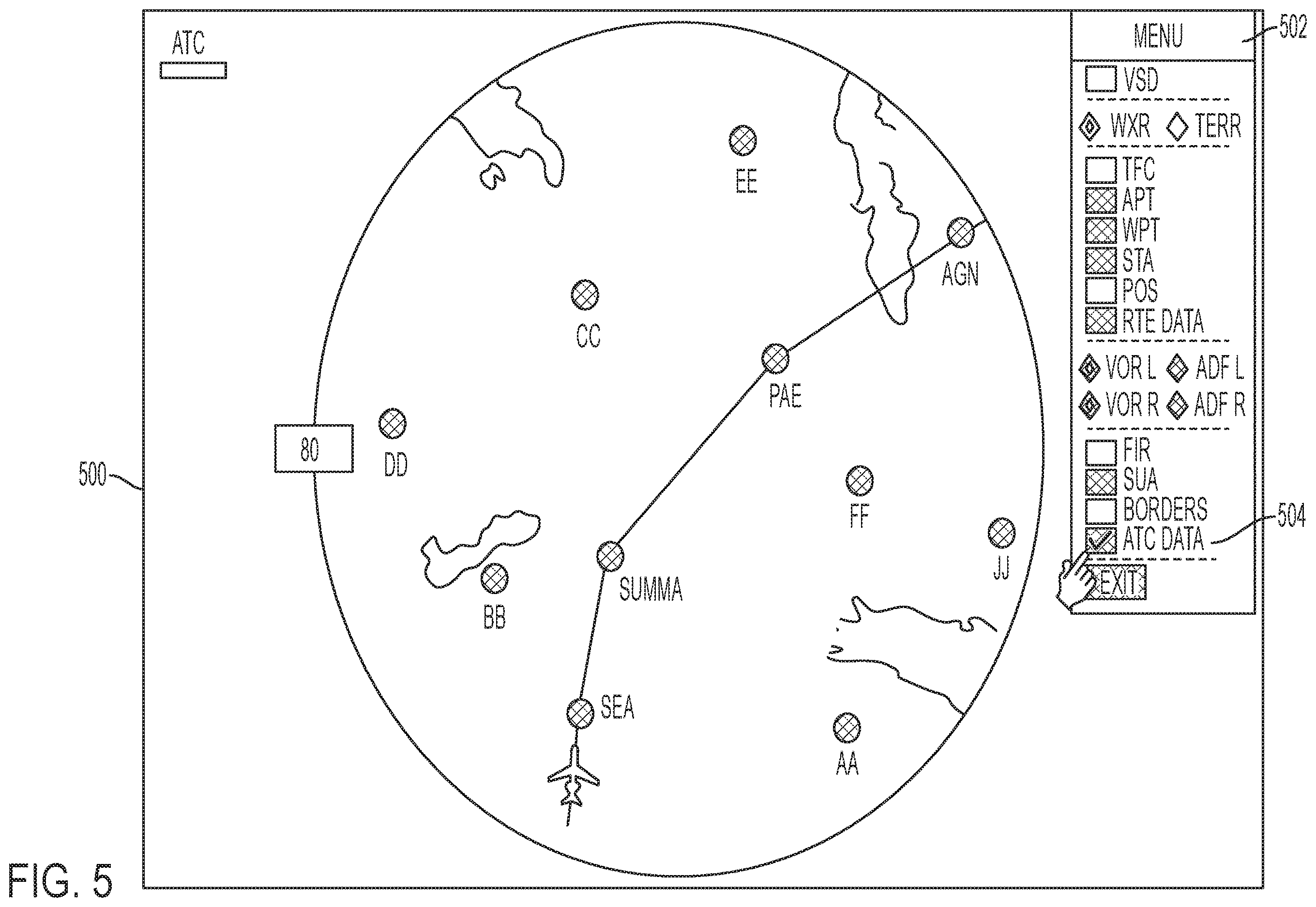 Patent US12614466 Figure 5 – Generating air traffic control (ATC) requests on an onboard or an offboard avionics device with a graphical display