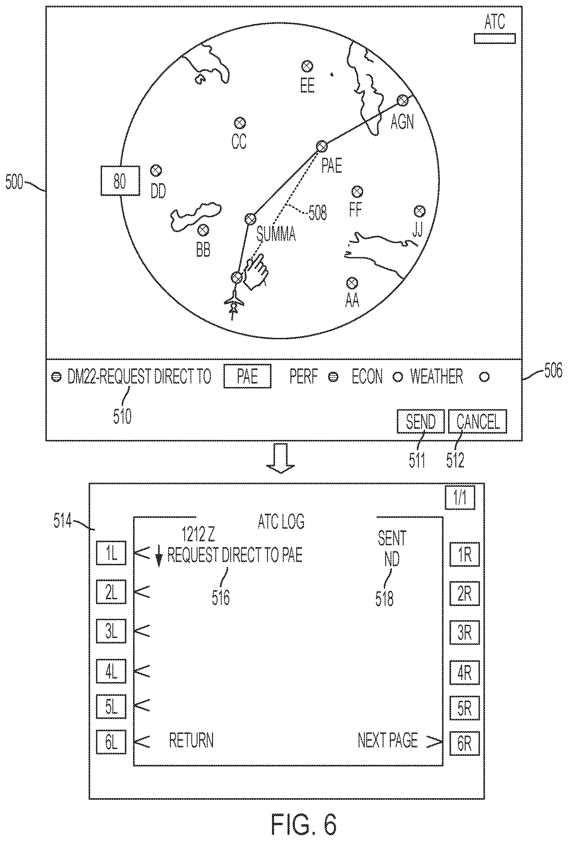 Patent US12614466 Figure 6 – Generating air traffic control (ATC) requests on an onboard or an offboard avionics device with a graphical display