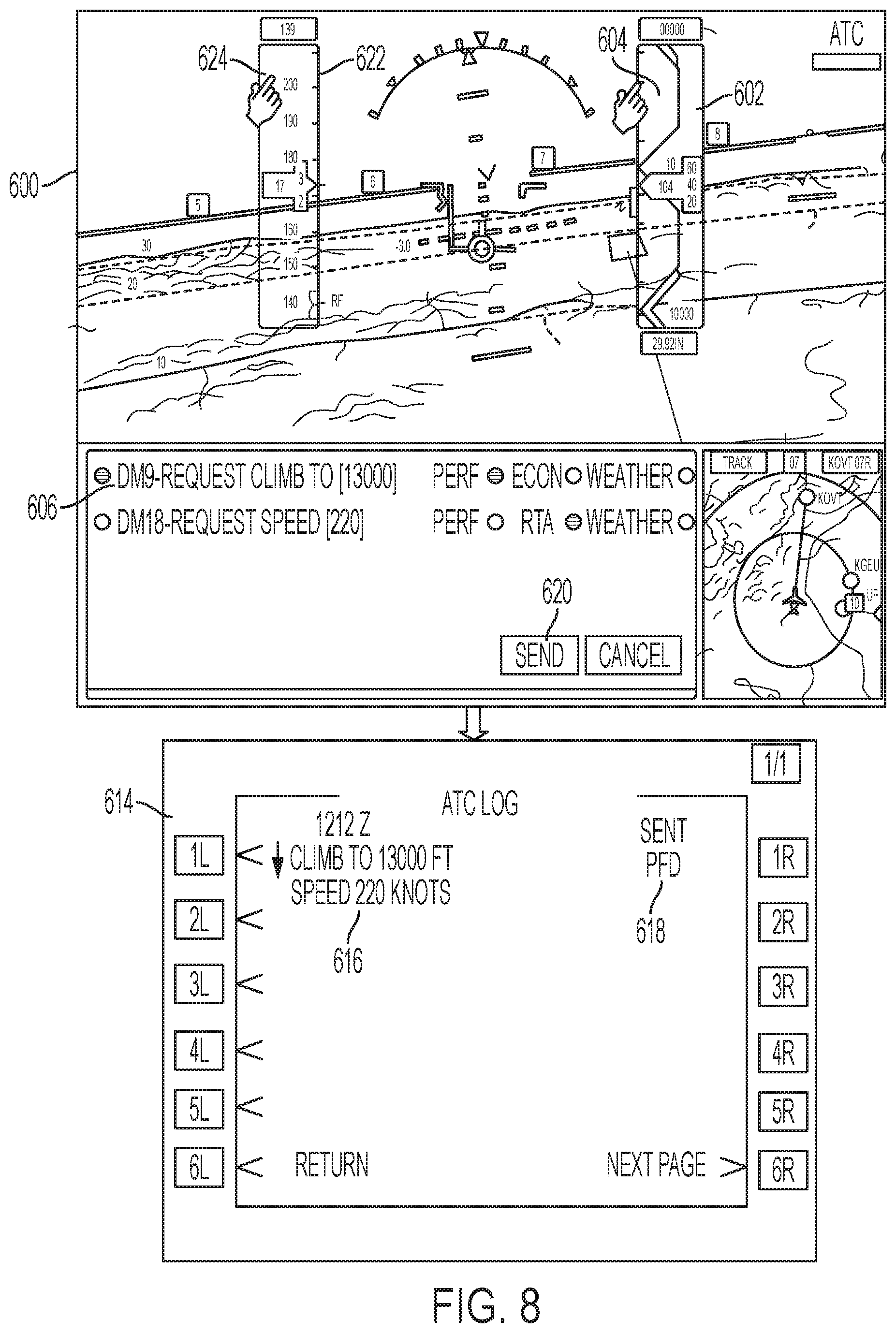 Patent US12614466 Figure 8 – Generating air traffic control (ATC) requests on an onboard or an offboard avionics device with a graphical display
