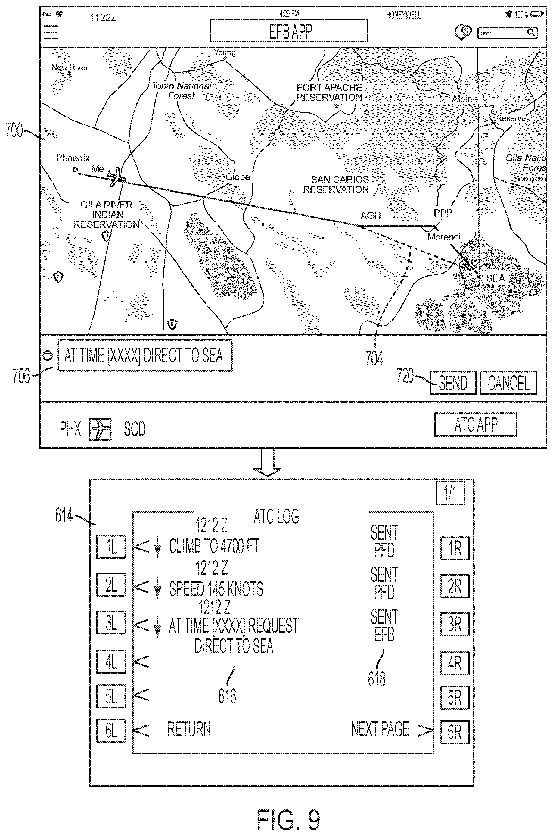Patent US12614466 Figure 9 – Generating air traffic control (ATC) requests on an onboard or an offboard avionics device with a graphical display