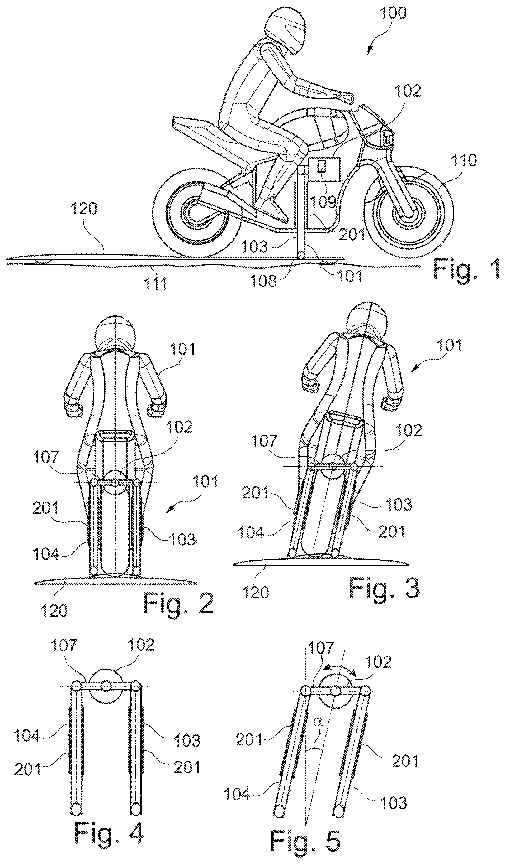 Patent US12614473 Figure 1 – Inclination mechanism for single-track dummy vehicle