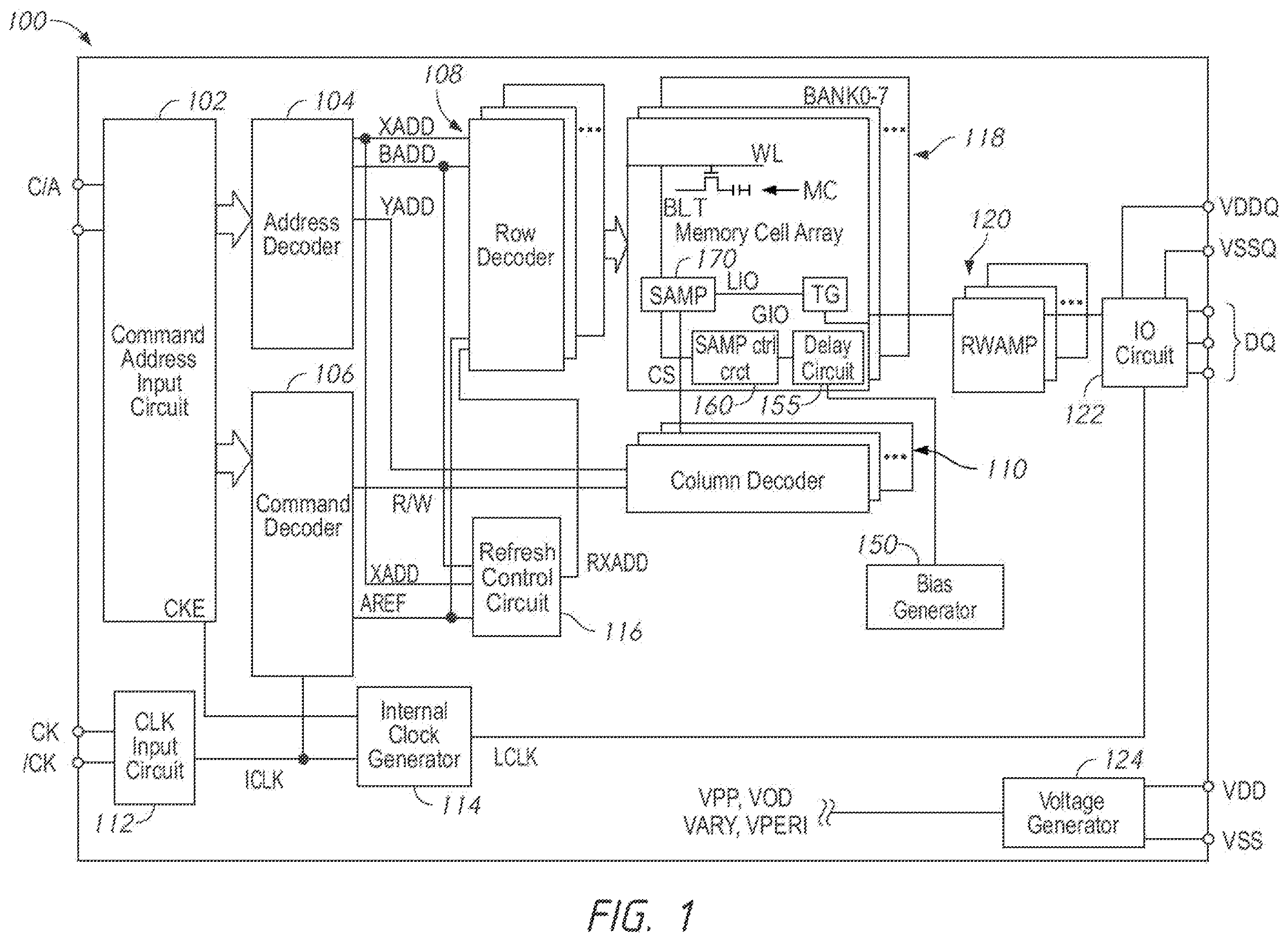 Patent US12614571 Figure 1 – Apparatuses and methods for adjusting sense amplifier voltage threshold compensation based on temperature