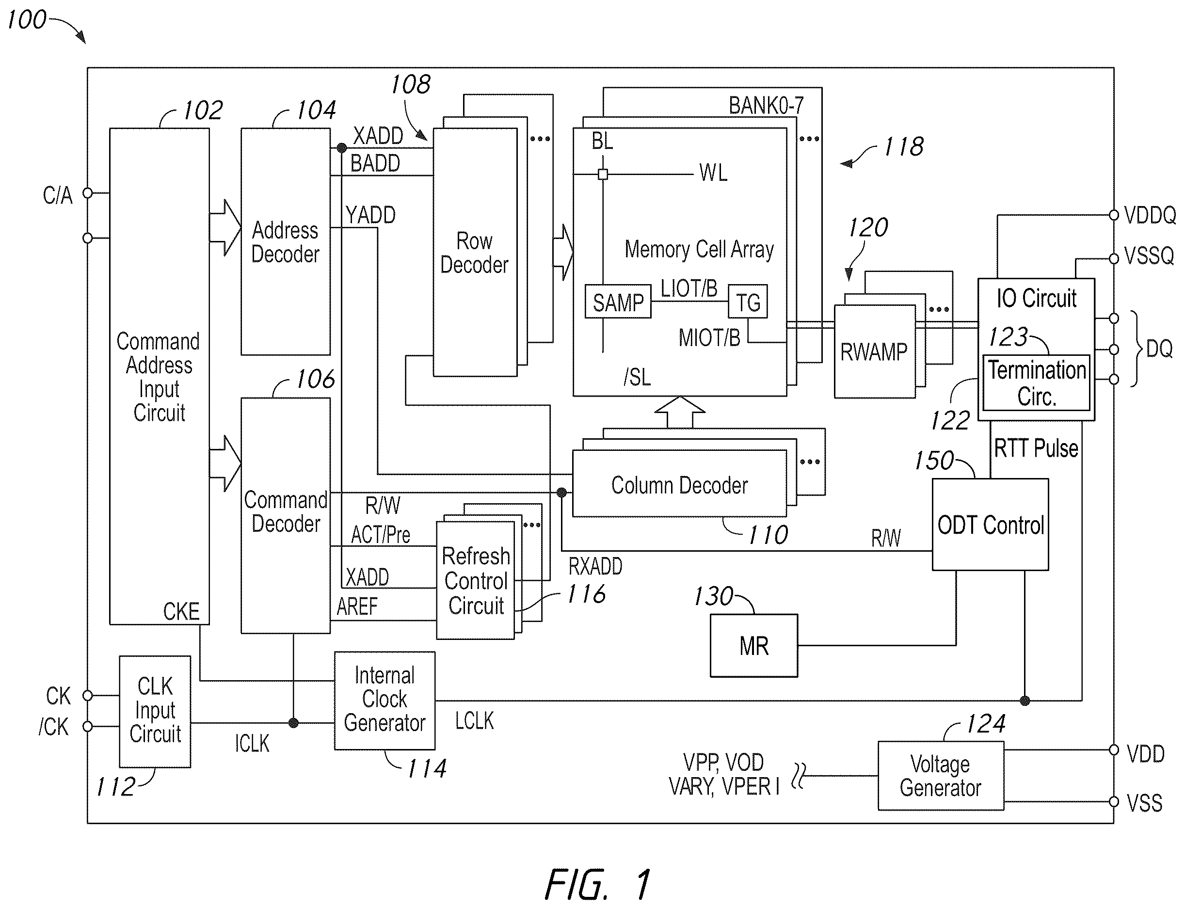 Patent US12614585 Figure 1 – Apparatuses, systems, and methods for ODT pulse width duration determination