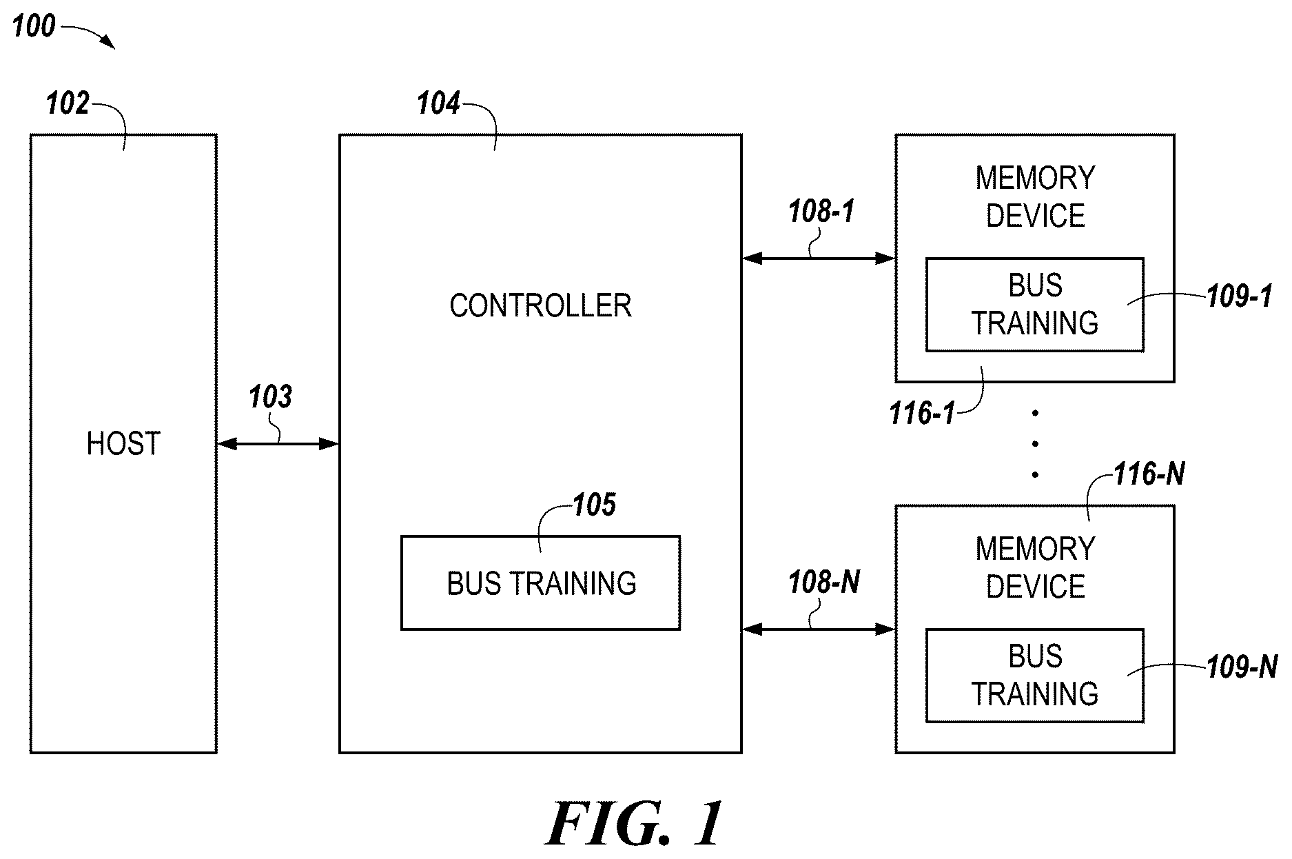 Patent US12614605 Figure 1 – Sequential access to linked memory dice for bus training