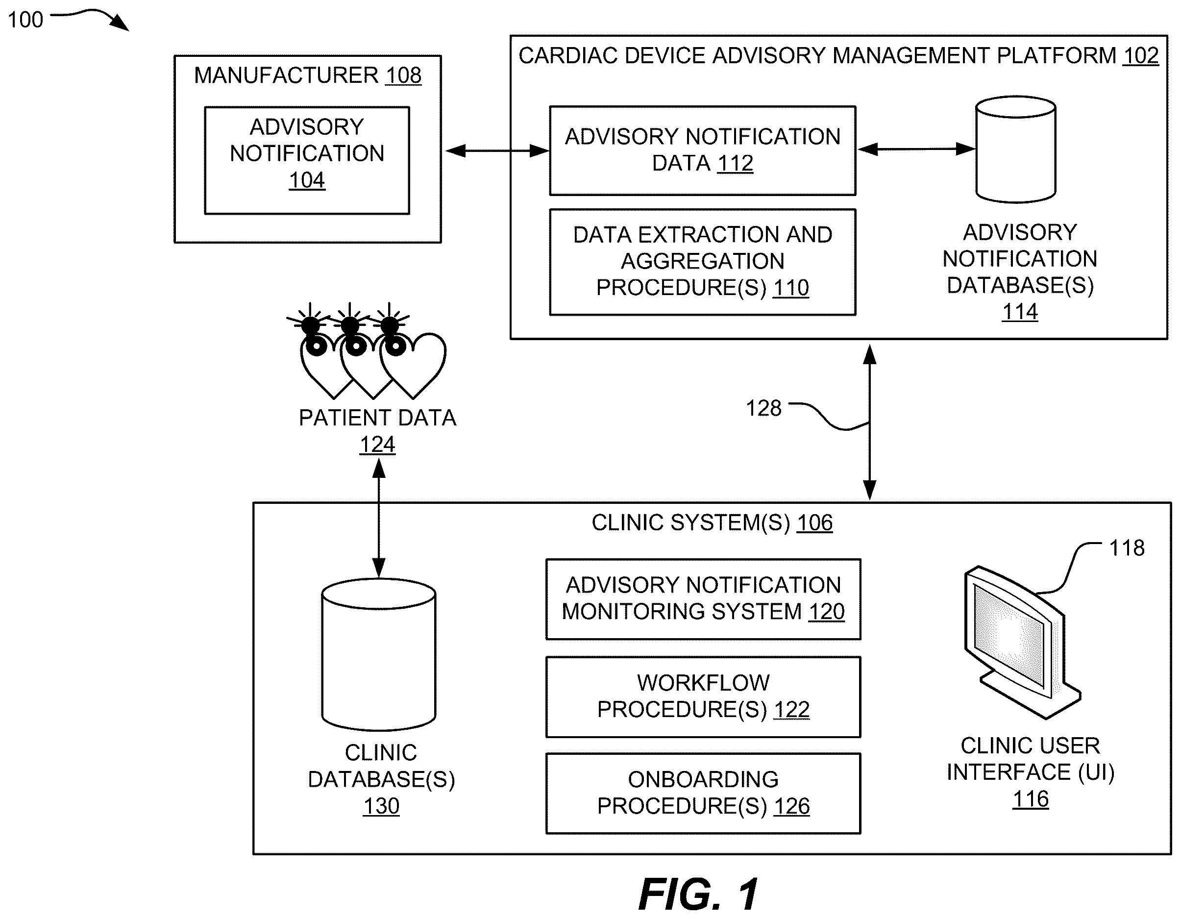 Patent US12614632 Figure 1 – Systems and methods to distribute cardiac device advisory data