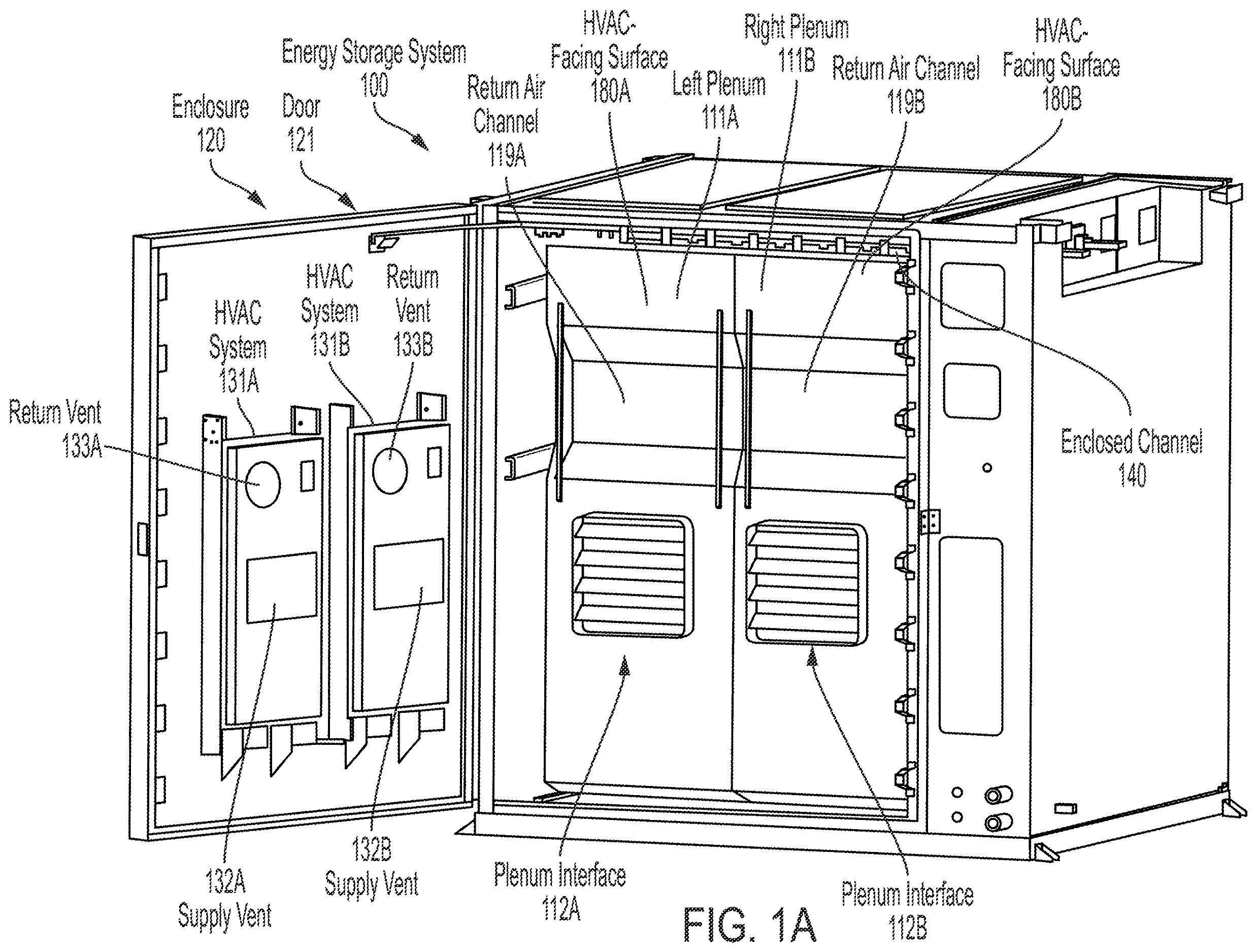 Patent US12614785 Figure 1 – Energy storage system with removable, adjustable, and lightweight plenums