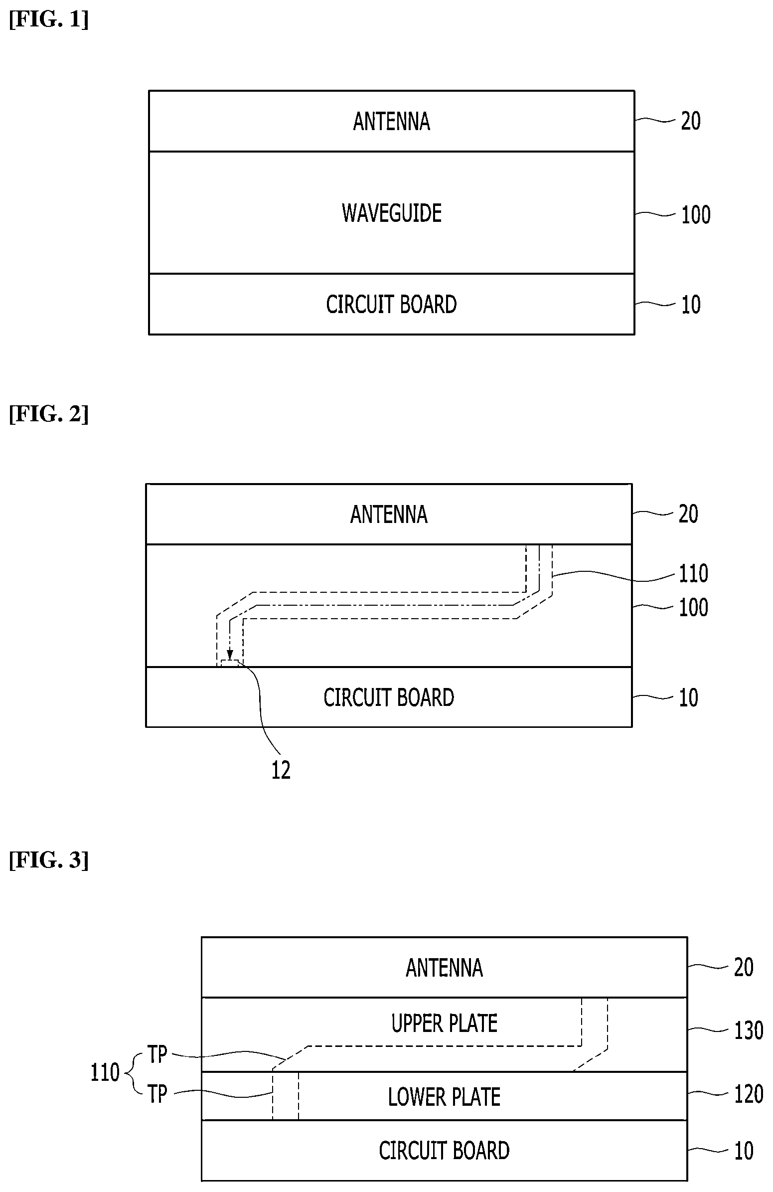 Patent US12614830 — Waveguide comprised of stacked lower and upper plates, where the lower plate is mounted on a circuit board and has a via therein for accommodating a launcher in the via — Figure 1