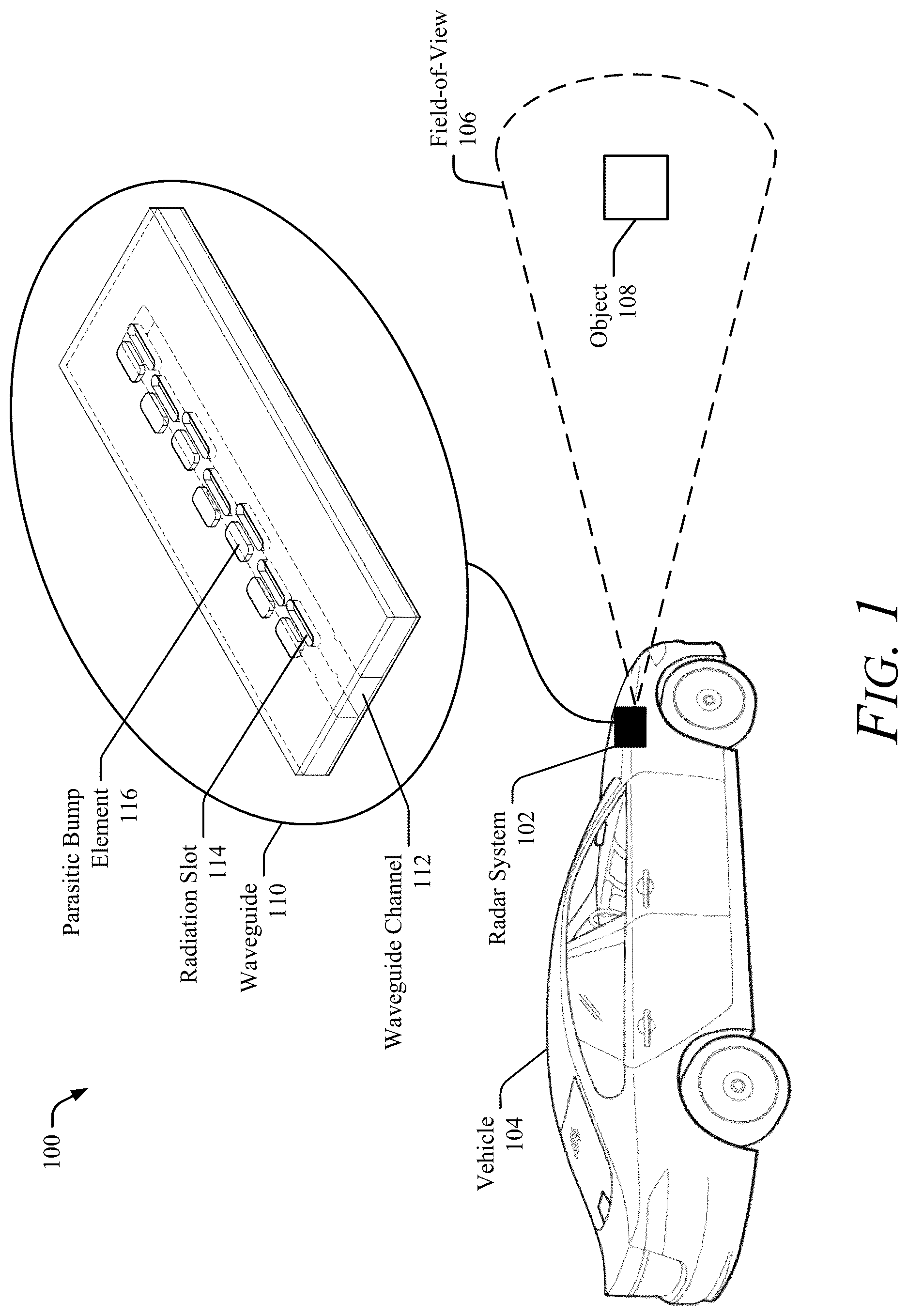 Patent US12614839 Figure 1 – Waveguide with radiation slots and parasitic elements for asymmetrical coverage
