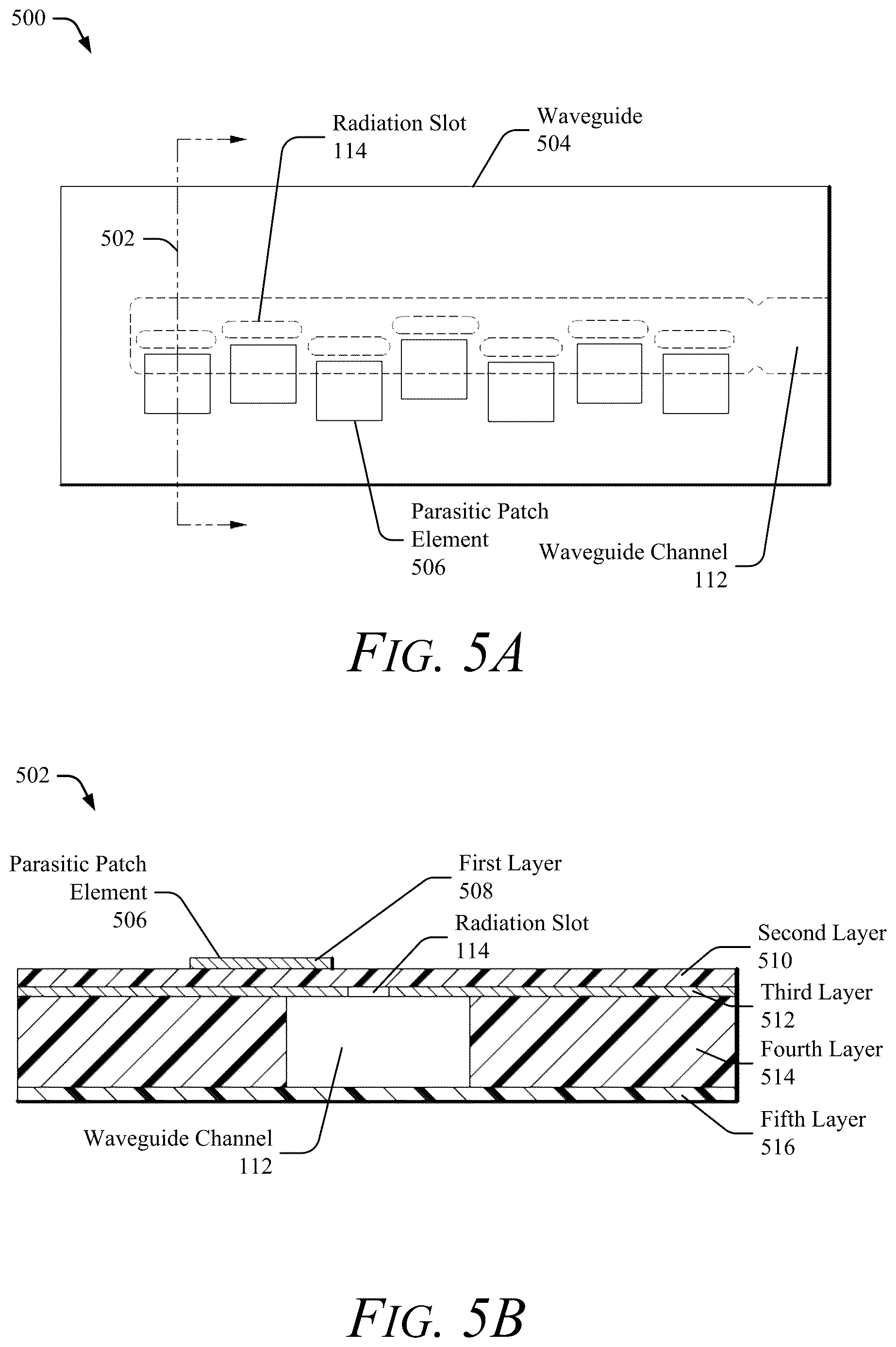 Patent US12614839 Figure 5 – Waveguide with radiation slots and parasitic elements for asymmetrical coverage
