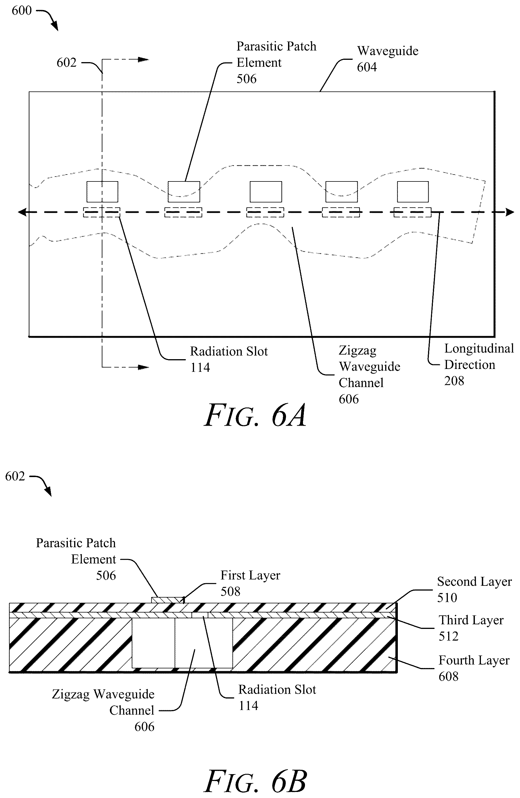 Patent US12614839 Figure 6 – Waveguide with radiation slots and parasitic elements for asymmetrical coverage