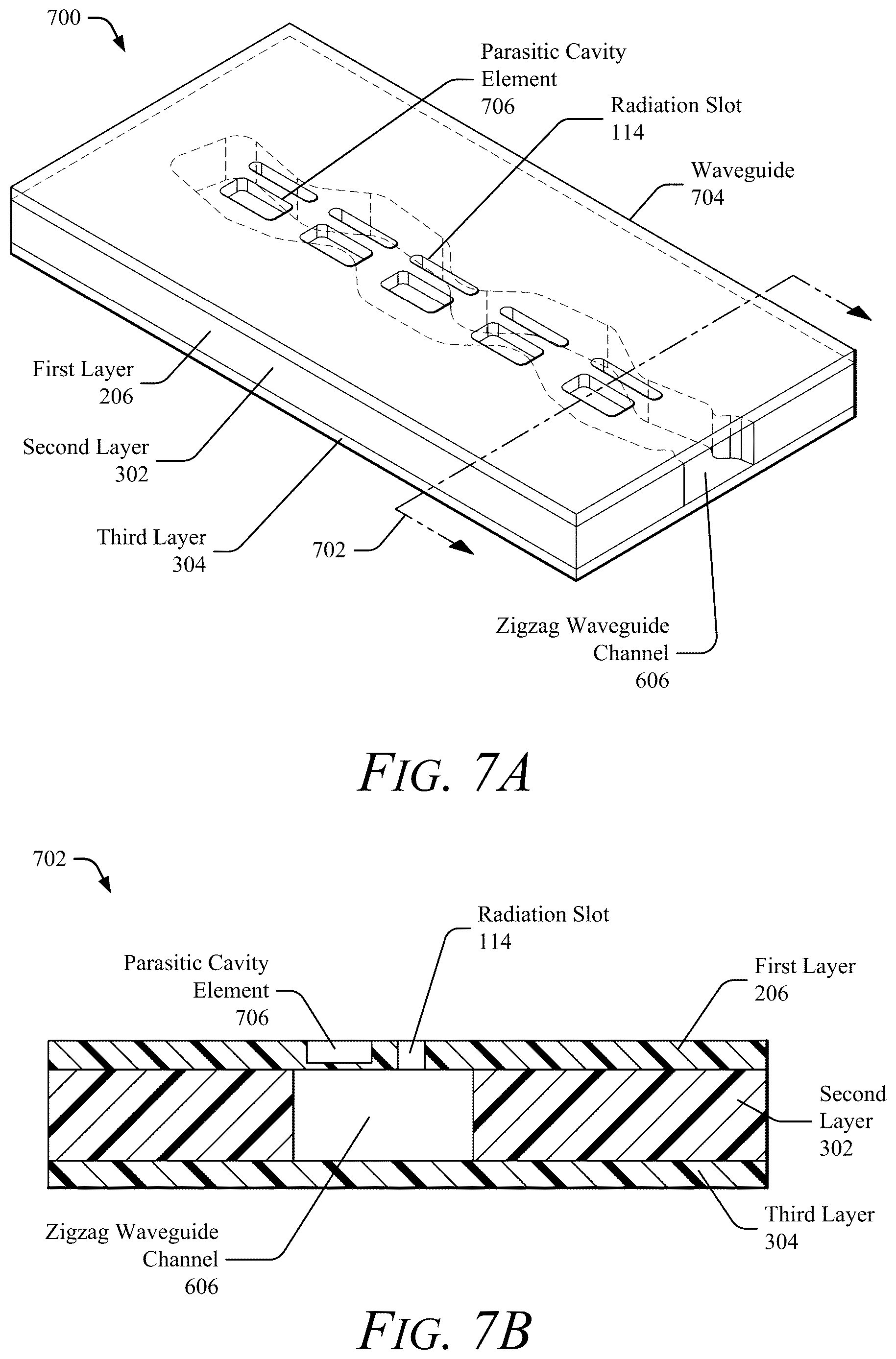 Patent US12614839 Figure 7 – Waveguide with radiation slots and parasitic elements for asymmetrical coverage