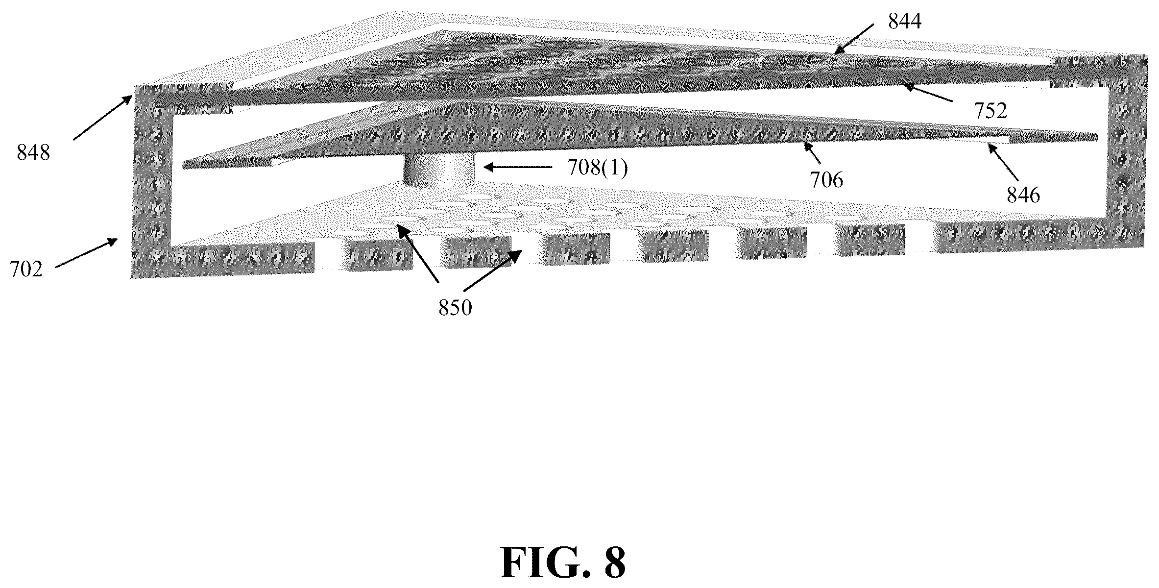 Patent US12614846 Figure 8 – Beam shaping in reflective metasurface utilizing mechanical linear actuators with temperature compensation