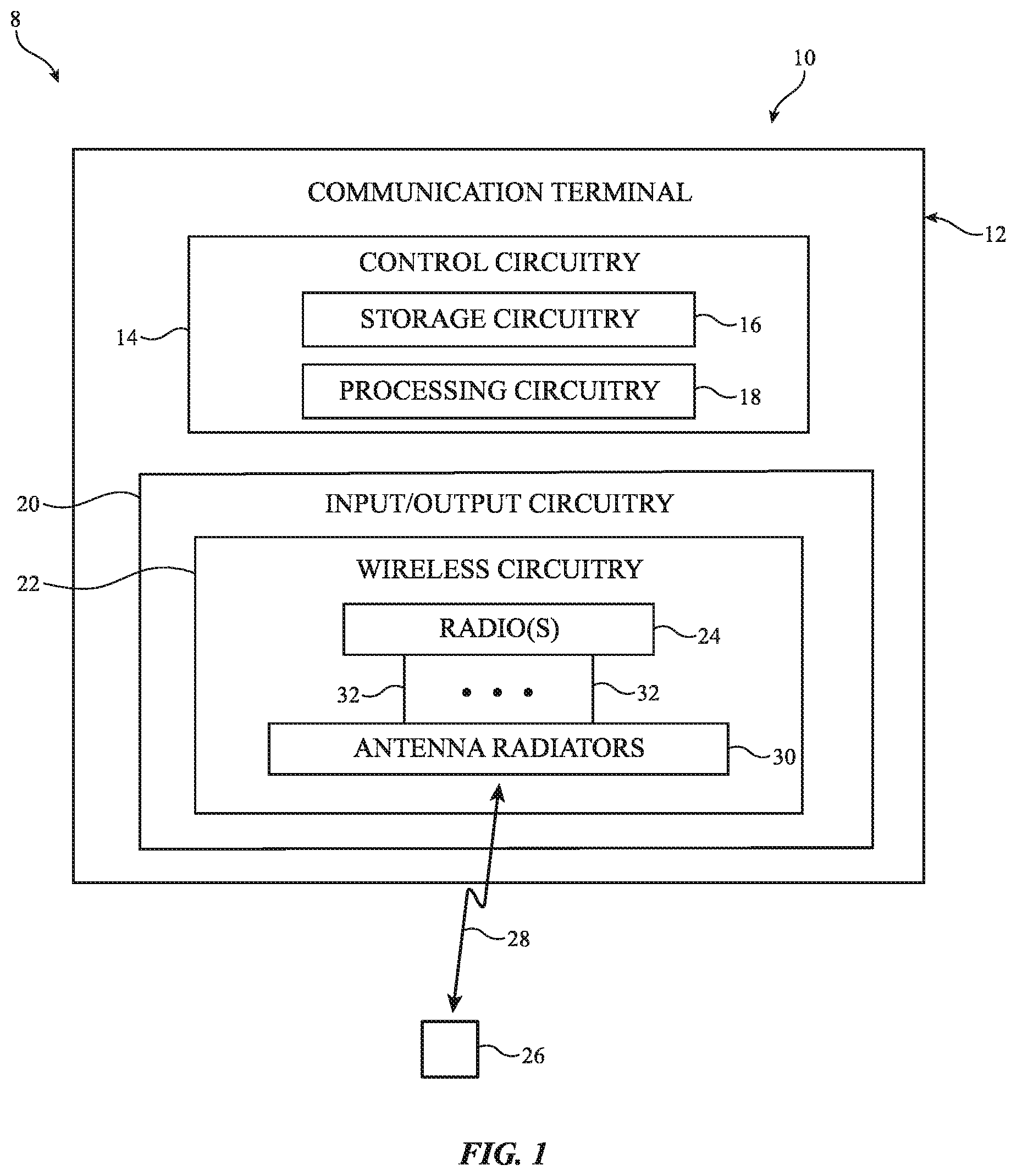 Patent US12614852 Figure 1 – Communication terminal with interwoven and free-standing antenna radiators