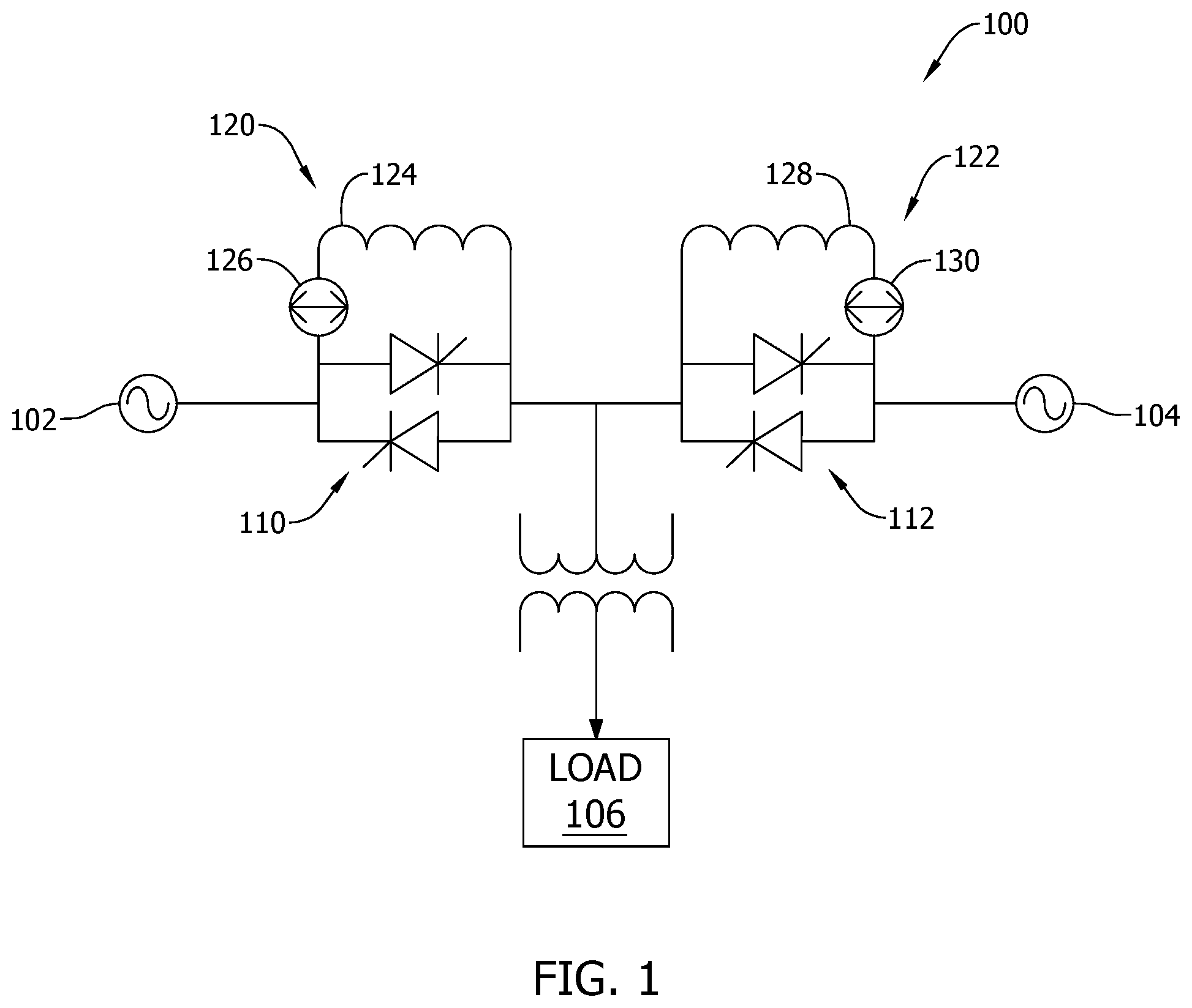Patent US12614921 Figure 1 – Passive element-thyristor parallel connection for mitigating inrush current in static transfer switch