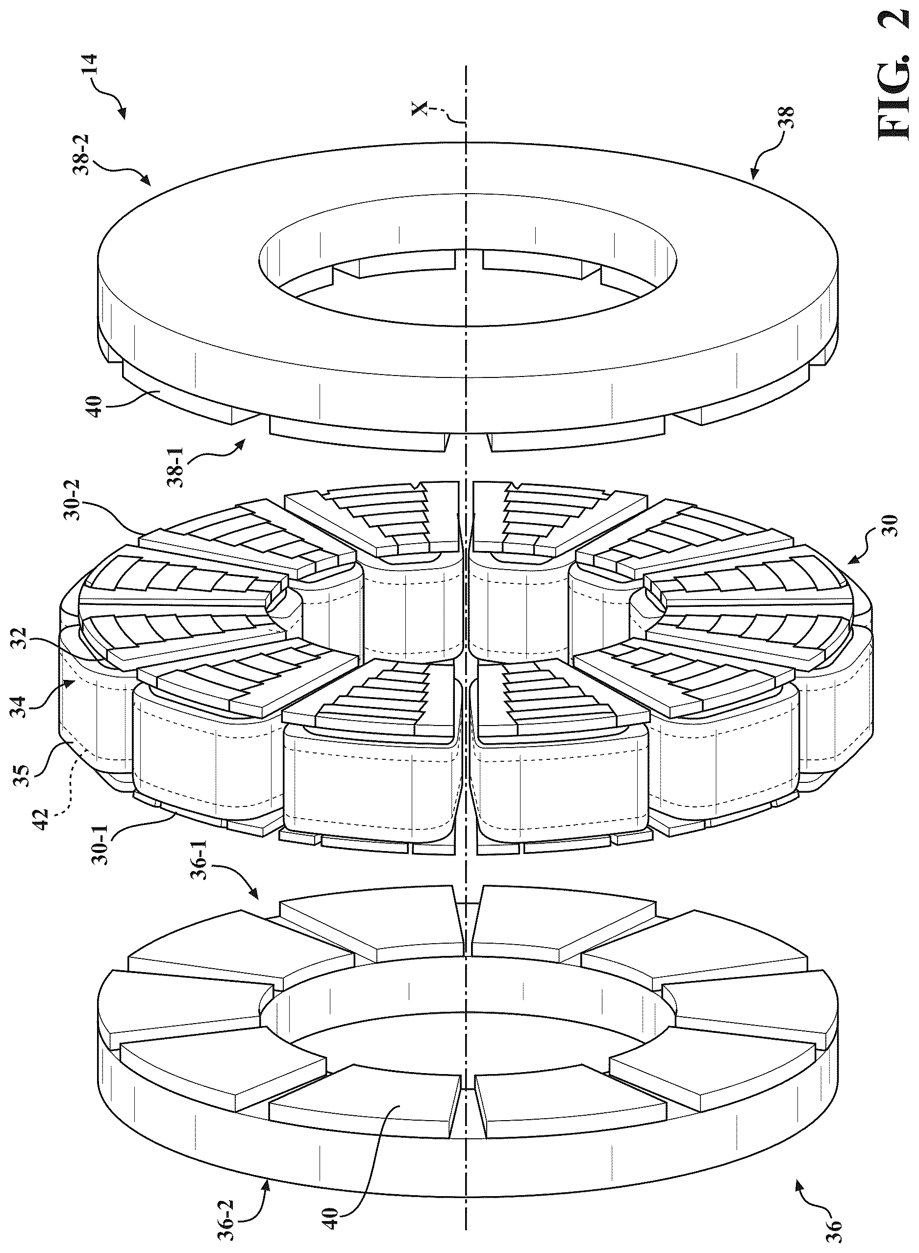 Patent US12614941 Figure 2 – Electric machine with cooling channel loops for stator magnetic poles