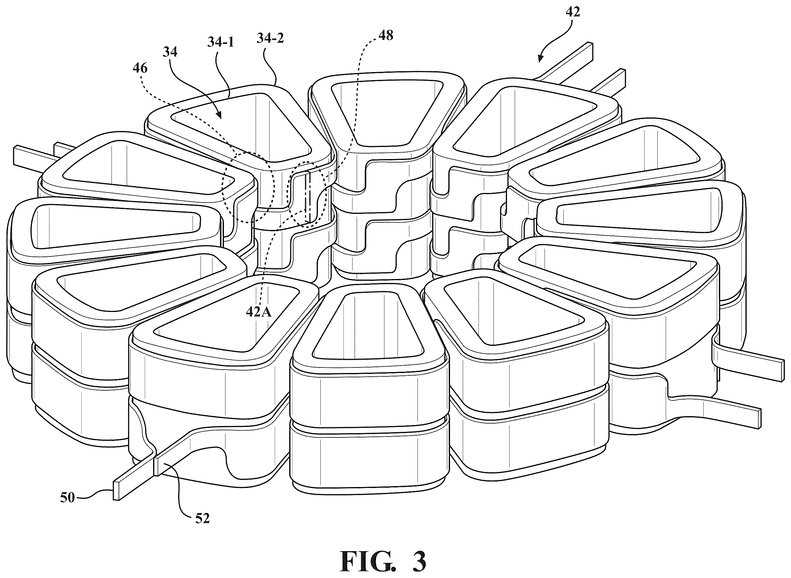 Patent US12614941 Figure 3 – Electric machine with cooling channel loops for stator magnetic poles