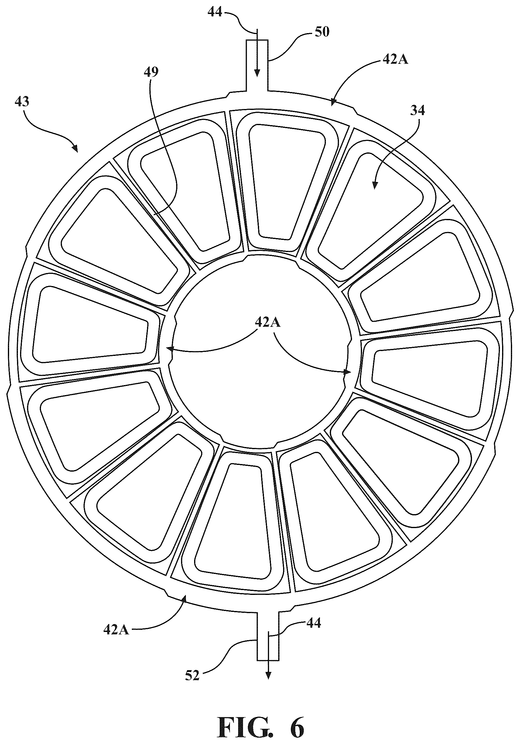 Patent US12614941 Figure 6 – Electric machine with cooling channel loops for stator magnetic poles