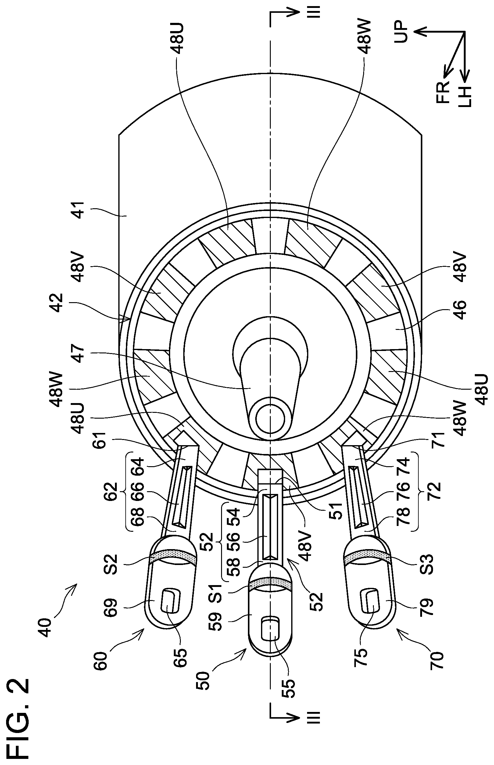 Patent US12614942 Figure 2 – Busbar reinforcement arrangement of motor unit