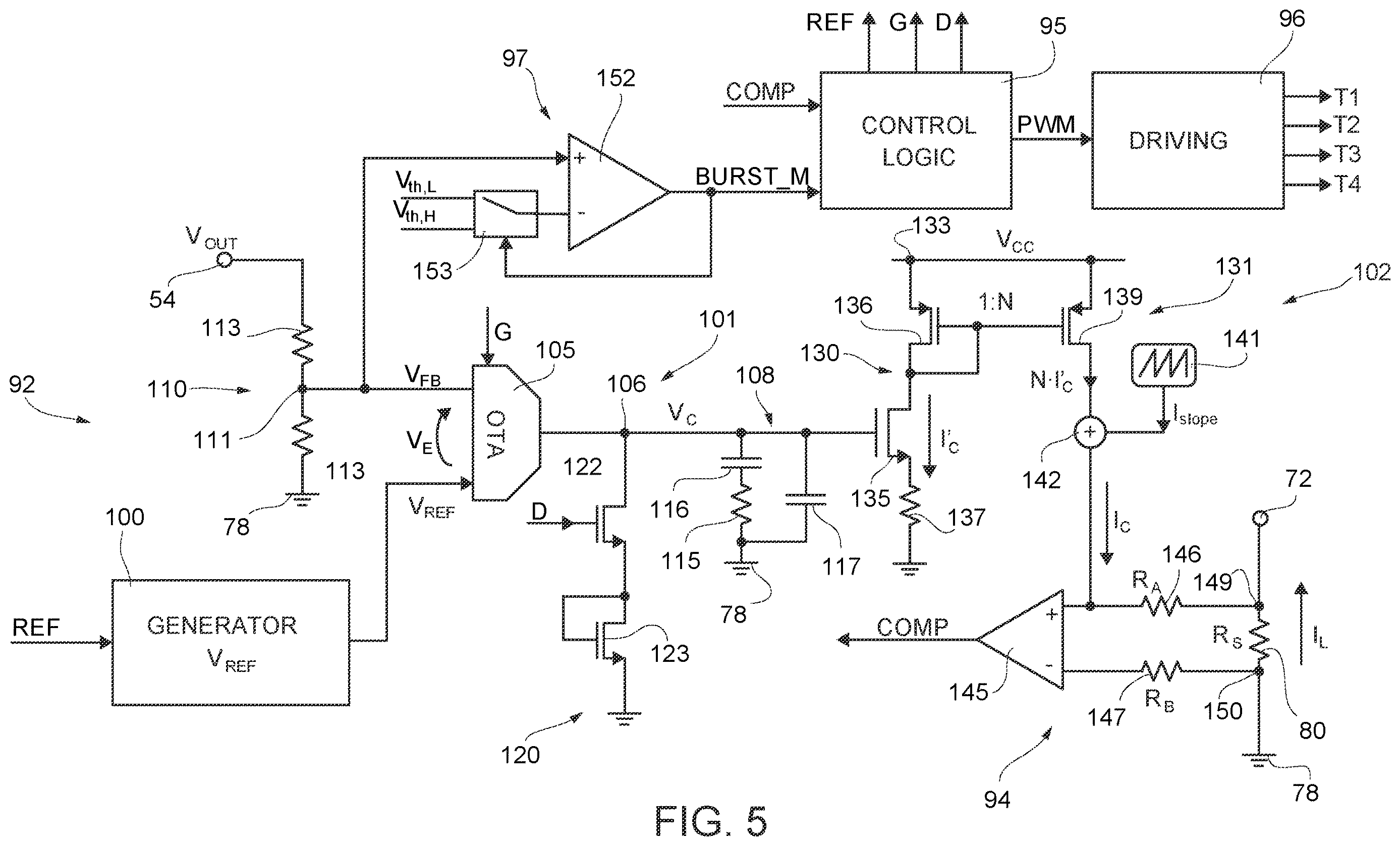 Patent US12614967 Figure 5 – Control device for a switching voltage regulator having reduced audio noise and control method