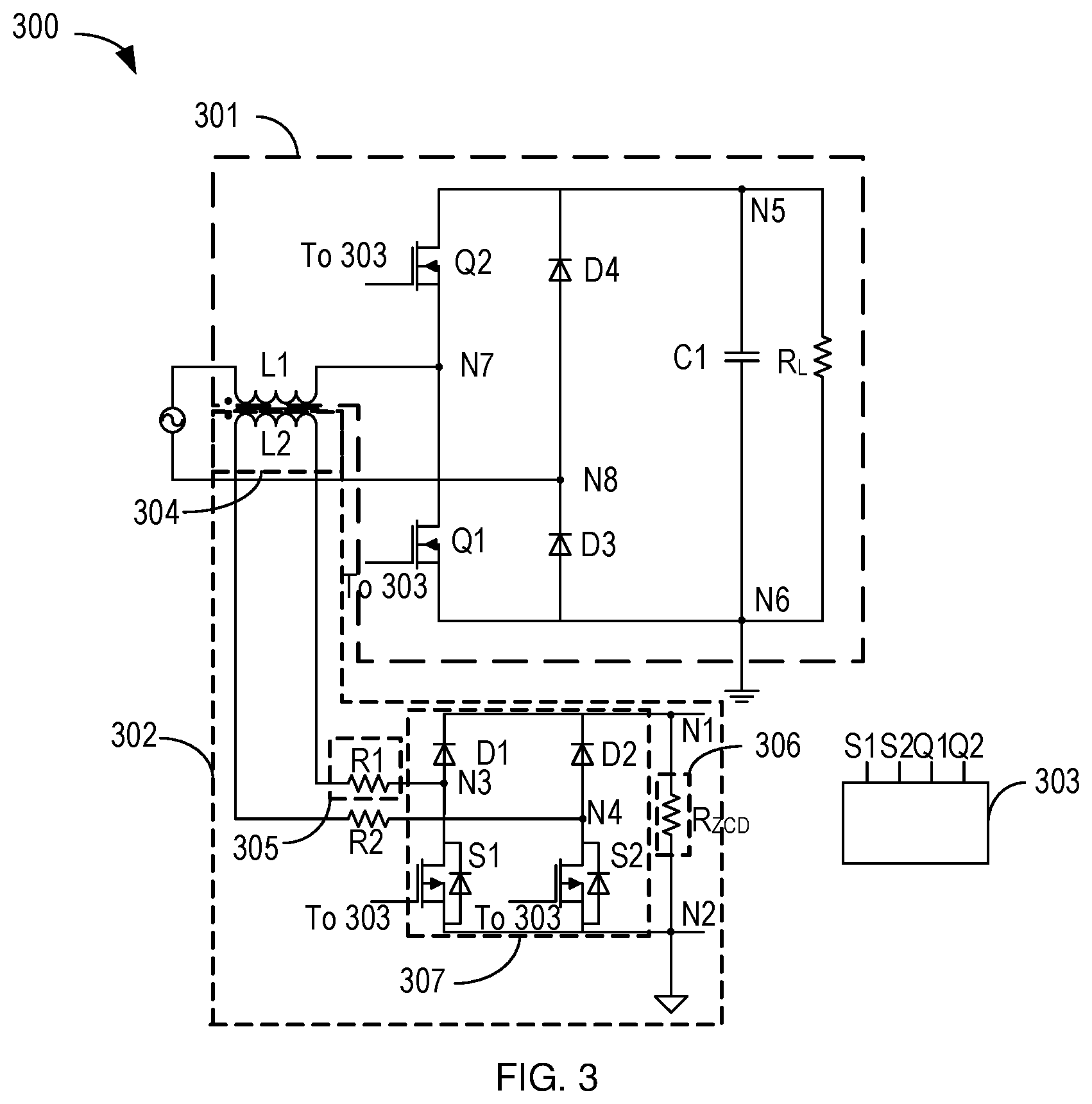 Patent US12614973 Figure 3 – Bidirectional bridgeless PFC circuit